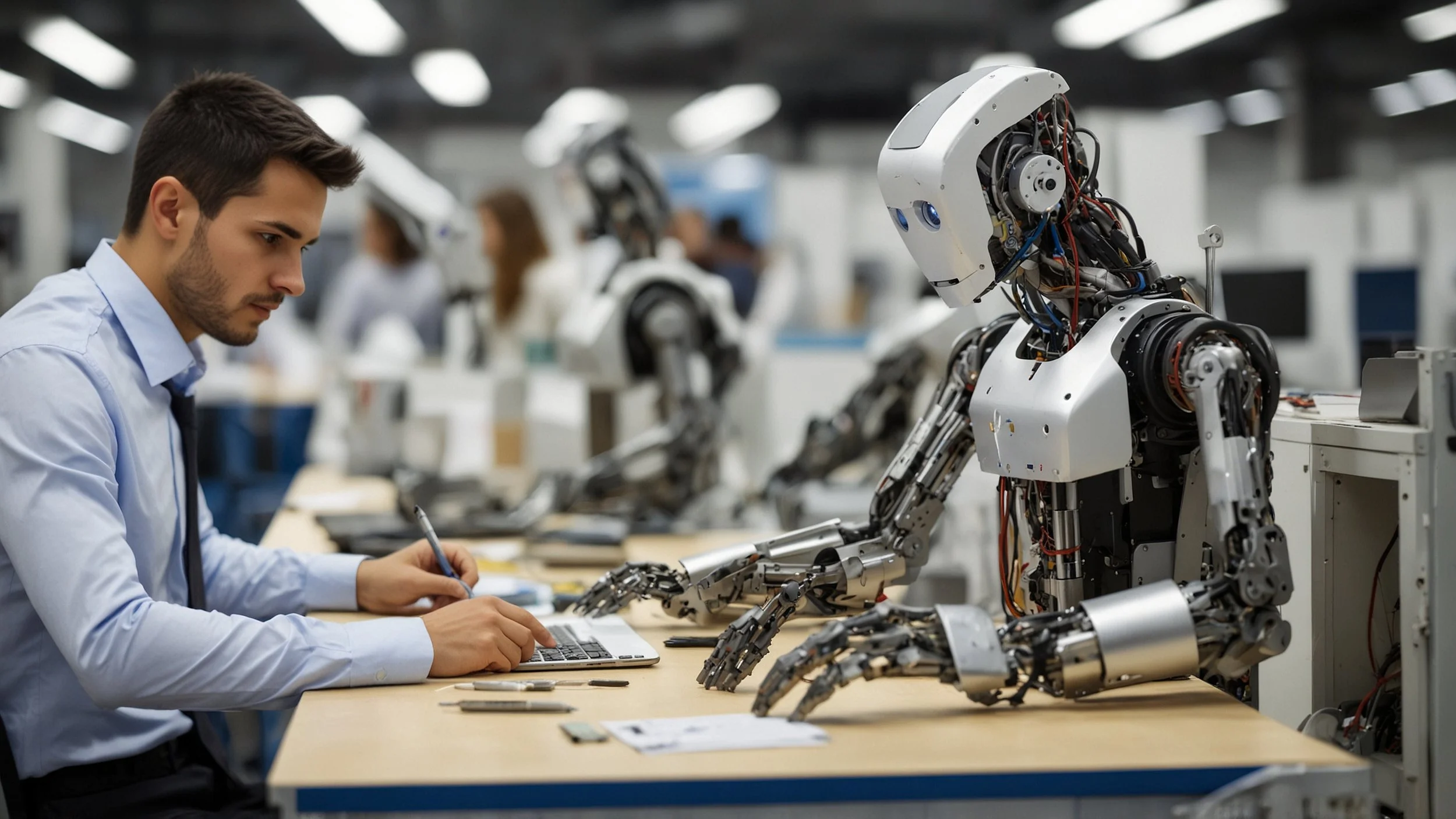 Oficina moderna con empleados concentrados en tareas estratégicas, mientras robots y sistemas automatizados manejan tareas rutinarias en segundo plano, mostrando pantallas con gráficos de fiabilidad y reducción de costos, ambiente dinámico y tecnológ