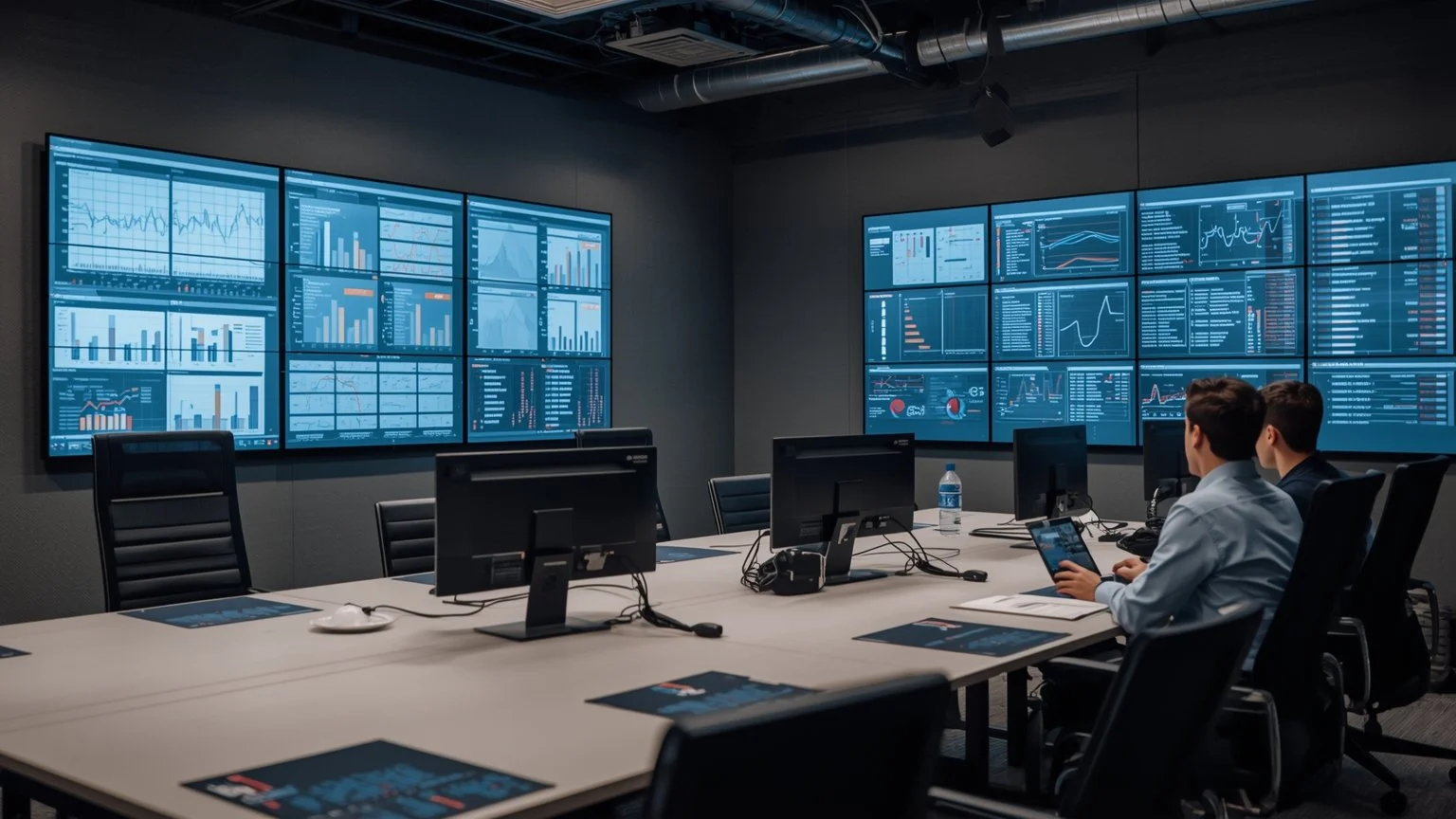 Sala de control moderna con ingenieros ante pantallas que muestran gráficos de disponibilidad y un acuerdo de nivel de servicio firmado que simboliza la minimización de paradas no planificadas.