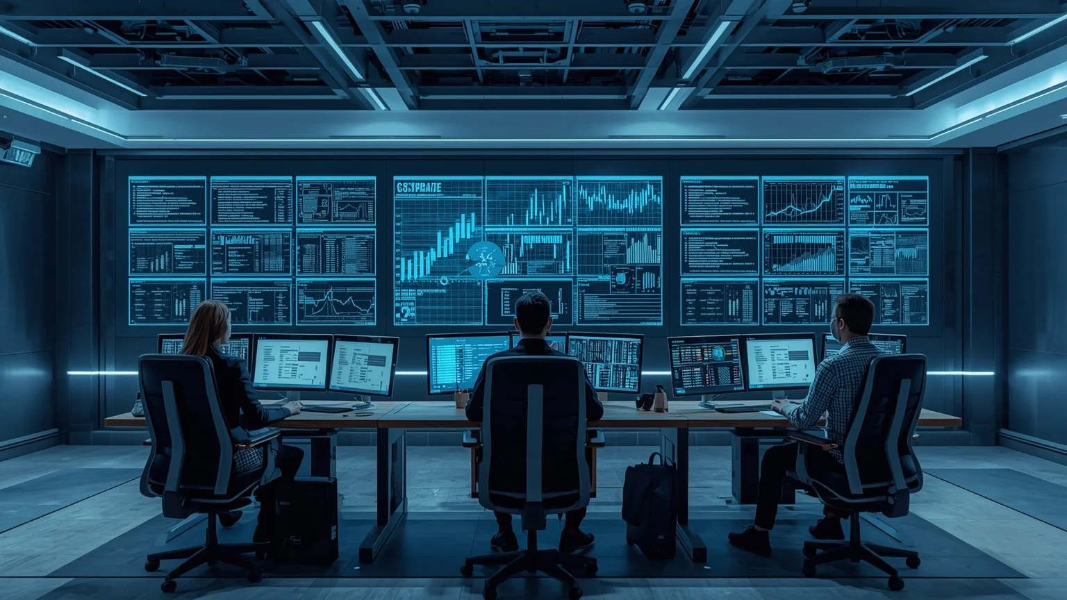 Una sala de control bancaria futurista donde pantallas muestran procesos de RPA moviendo datos entre sistemas heredados y generando reportes, mientras módulos de IA clasifican y extraen datos de millones de documentos detectando anomalías y un equipo