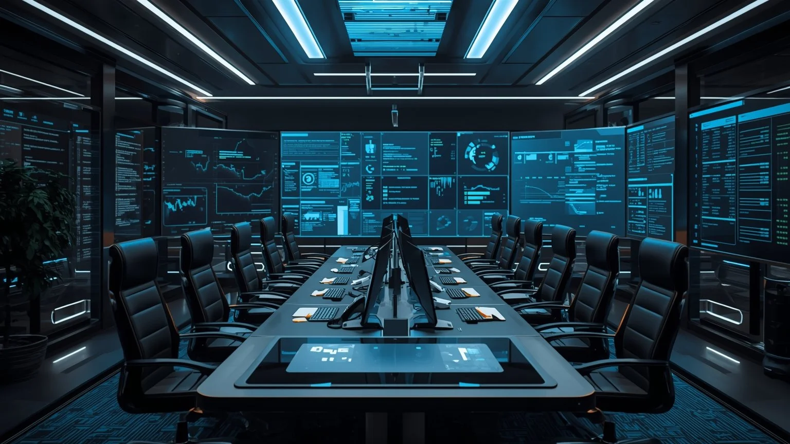 Una sala de control empresarial futurista donde procesos RPA se muestran como asistentes digitales que ejecutan conciliaciones y altas en sistemas en mon monitors ordenados, mientras módulos de IA analizan documentos, clasifican textos y proyectan pr