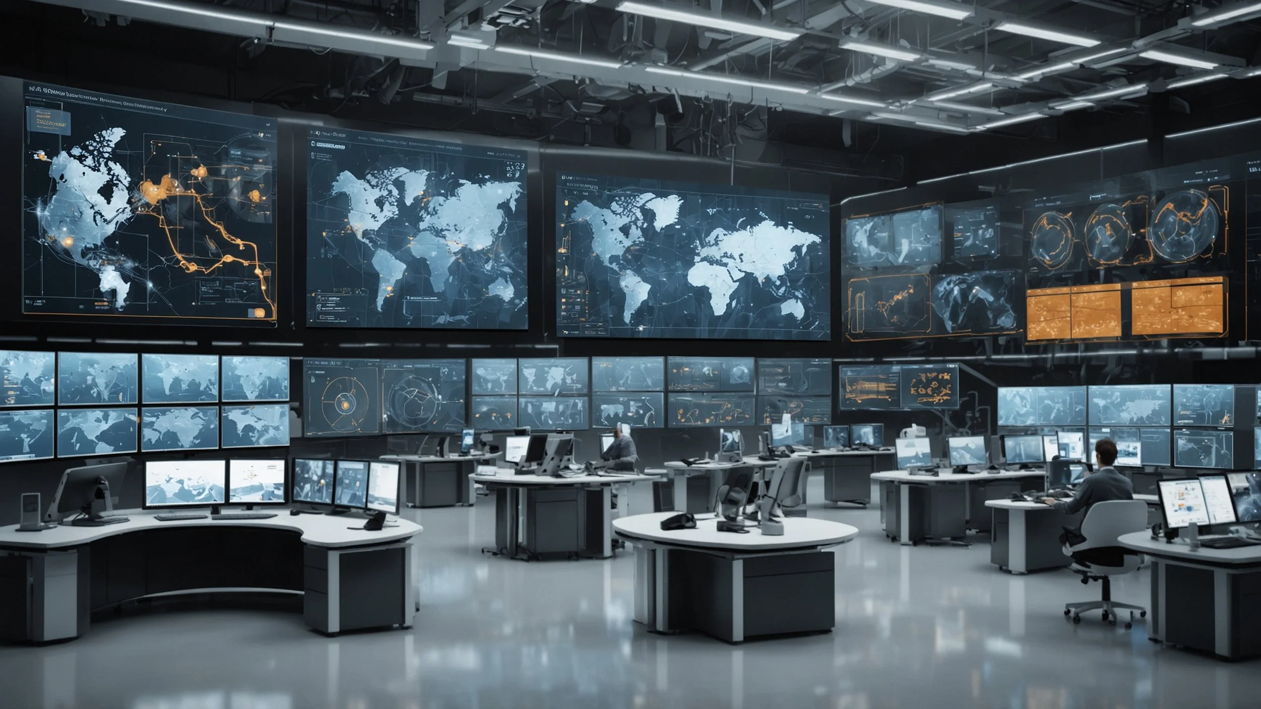 A futuristic industrial control center with large digital screens showing AI-driven autonomous systems managing robotic arms and machinery, engineers monitoring real-time data and analytics, a seamless integration of technology infrastructure resembl