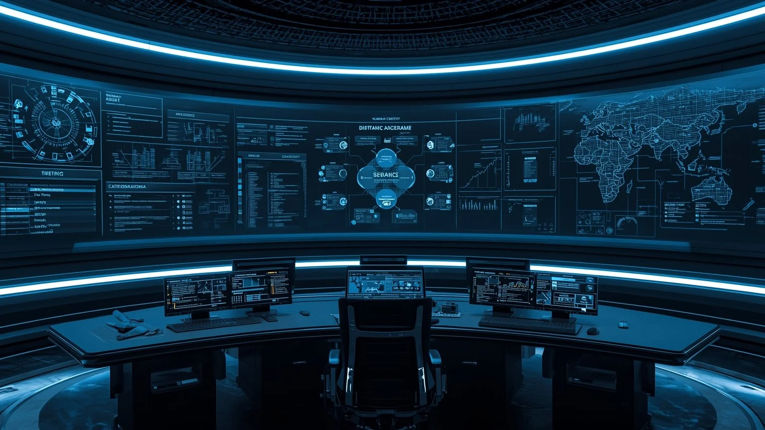 Equipo diverso en una sala de control futurista frente a un panel holográfico que muestra un diagrama de gobernanza centralizada, un catálogo de procesos, una arquitectura en capas, métricas de valor y la transición de simples robots RPA hacia una re