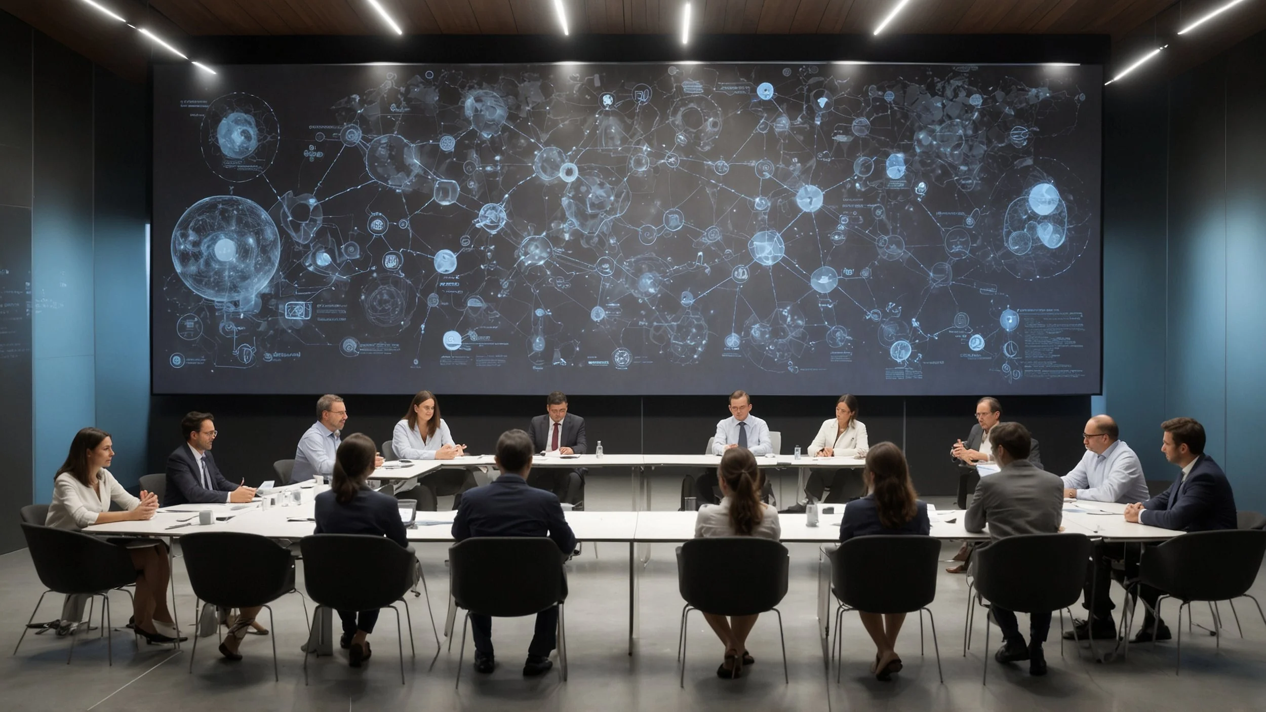 Un grupo de expertos de diferentes disciplinas, como ética, tecnología y derecho, reunidos en una sala de conferencias moderna.