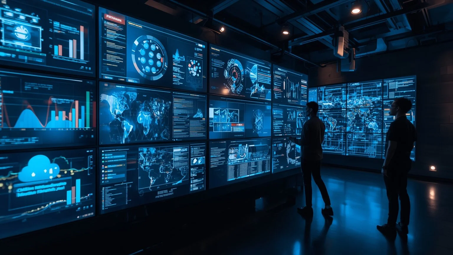 Un centro de operaciones futurista donde pantallas holográficas muestran flujos de trabajo de principio a fin, robots colaboran con analistas humanos mientras una IA procesa documentos complejos y ajusta decisiones en tiempo real para reducir errores