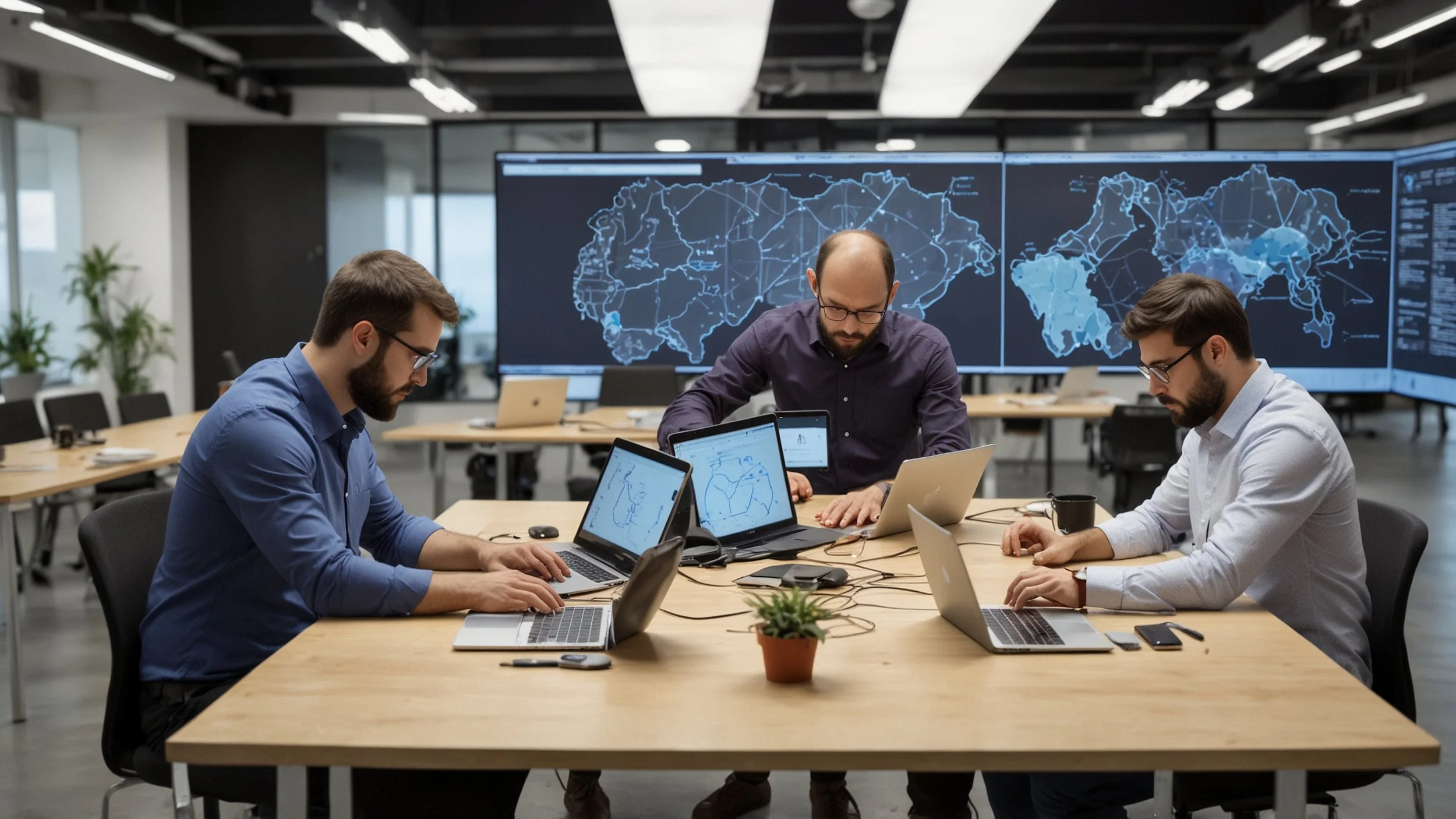 Un equipo diverso de desarrolladores y usuarios de negocio colaborando alrededor de una mesa con laptops y tablets, mostrando pantallas con interfaces intuitivas y líneas de código, en un ambiente moderno y dinámico que refleja el equilibrio entre co