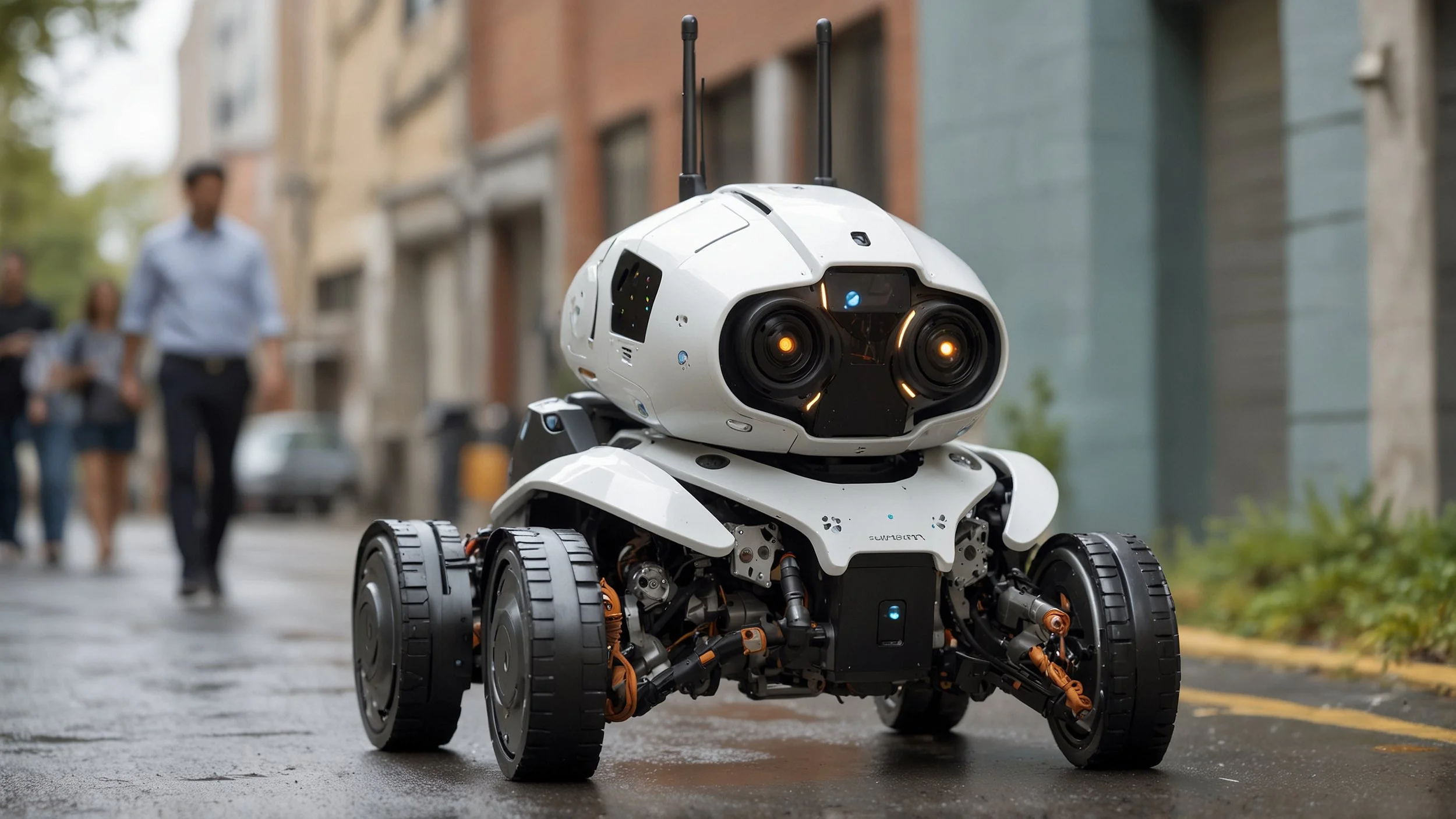Un robot de Serve Robotics caminando de manera autónoma por una calle de ciudad moderna con edificios, peatones, y vehículos alrededor.