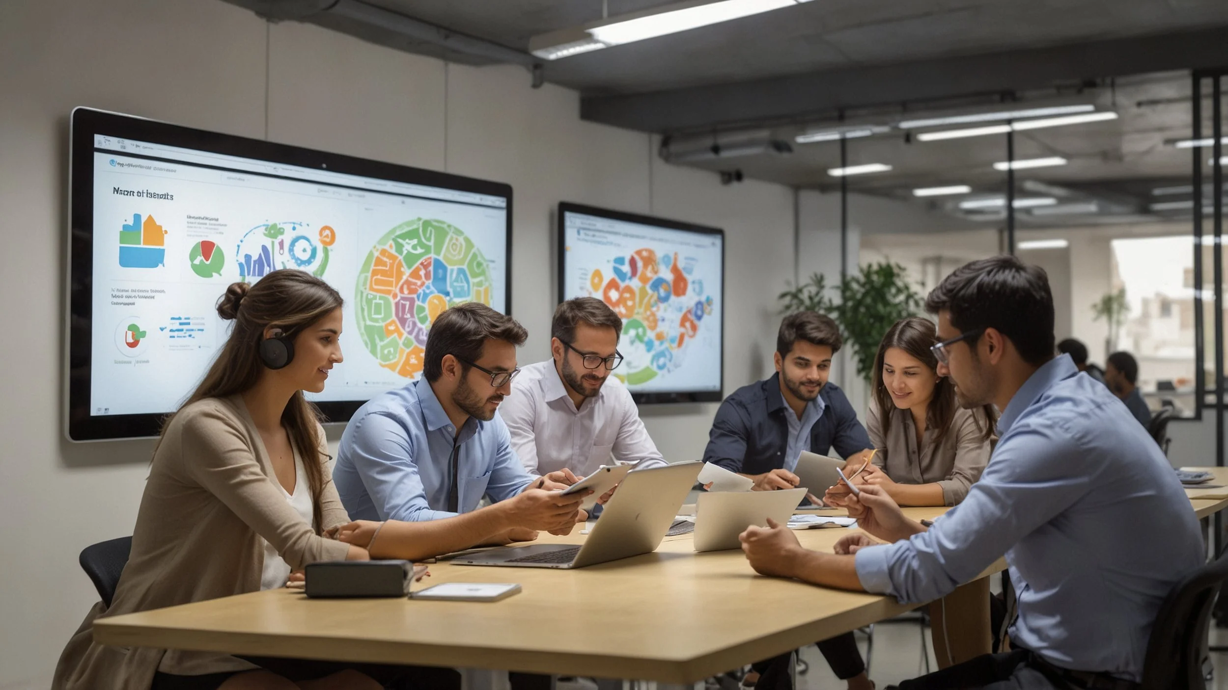 Un centro de servicio al cliente donde una agente de IA está en una pantalla interactuando eficientemente con clientes que tienen consultas comunes, mientras un representante humano asiste en tareas más complejas.