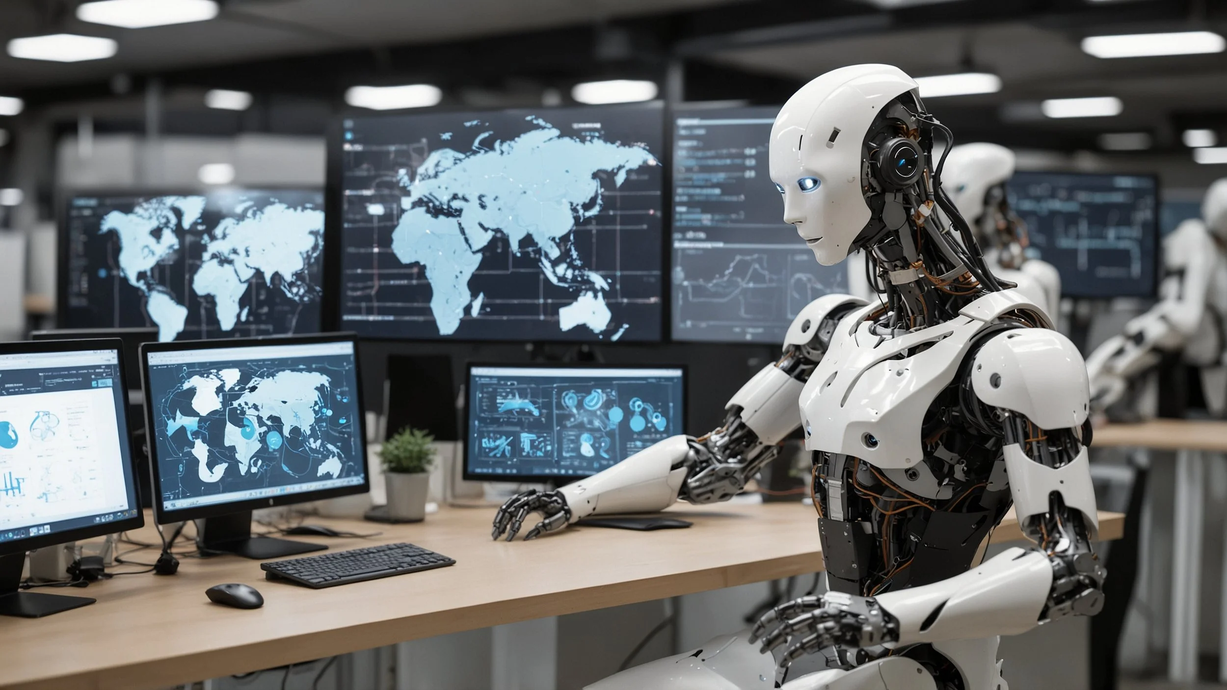 oficina moderna con empleados trabajando en computadoras con pantallas mostrando gráficos y datos, paneles digitales con íconos de inteligencia artificial, robots o agentes virtuales ayudando en la gestión, ambiente tecnológico y colaborativo, enfoqu