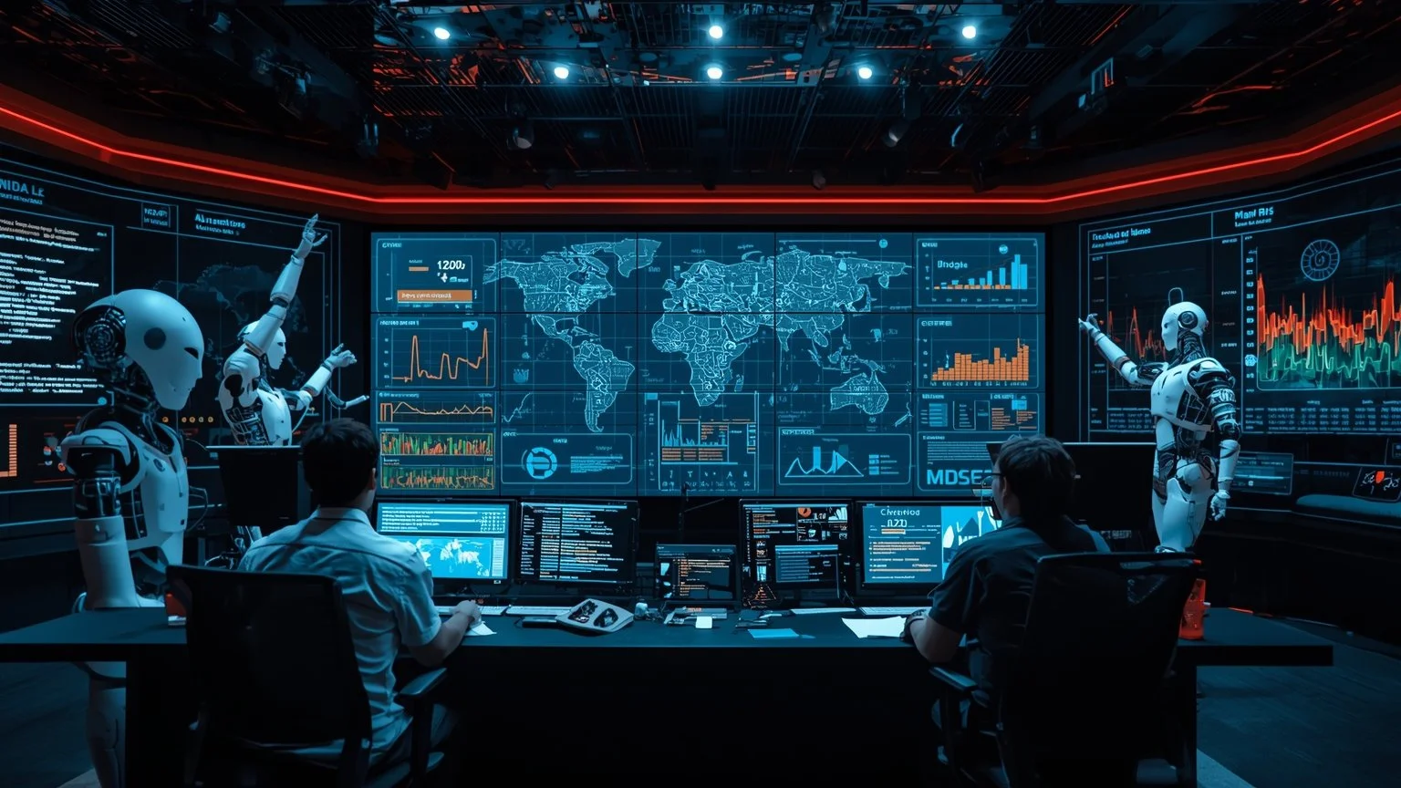 Una sala de control futurista donde equipos humanos trabajan junto a bots holográficos frente a grandes pantallas que muestran gráficos de crecimiento, flujos de procesos, paneles low-code y conexiones de IA y RPA.