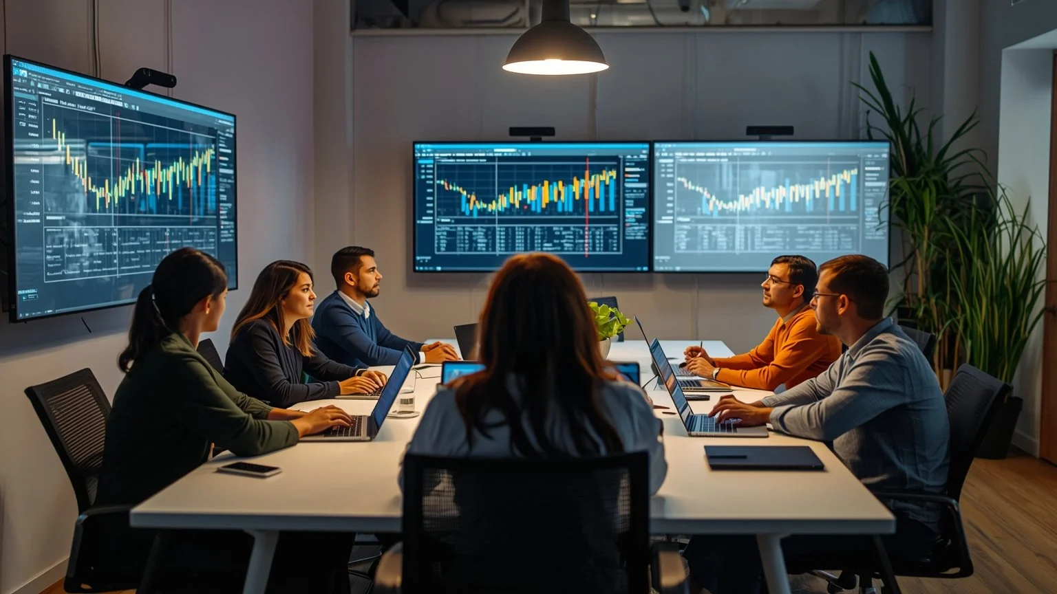 Un equipo diverso en una sala luminosa consultando paneles de métricas en pantallas y pizarras, realizando breves entrenamientos y discutiendo retroalimentación en tiempo real para consolidar la automatización.