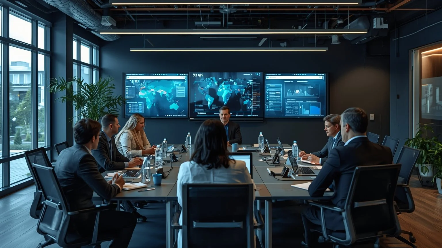 Sala de mando corporativa en 2026 donde líderes y expertos trabajan junto a paneles y pantallas que muestran cuadros de mando de productividad, calidad y experiencia del cliente, esquemas de responsabilidad algorítmica, certificados de centros de exc