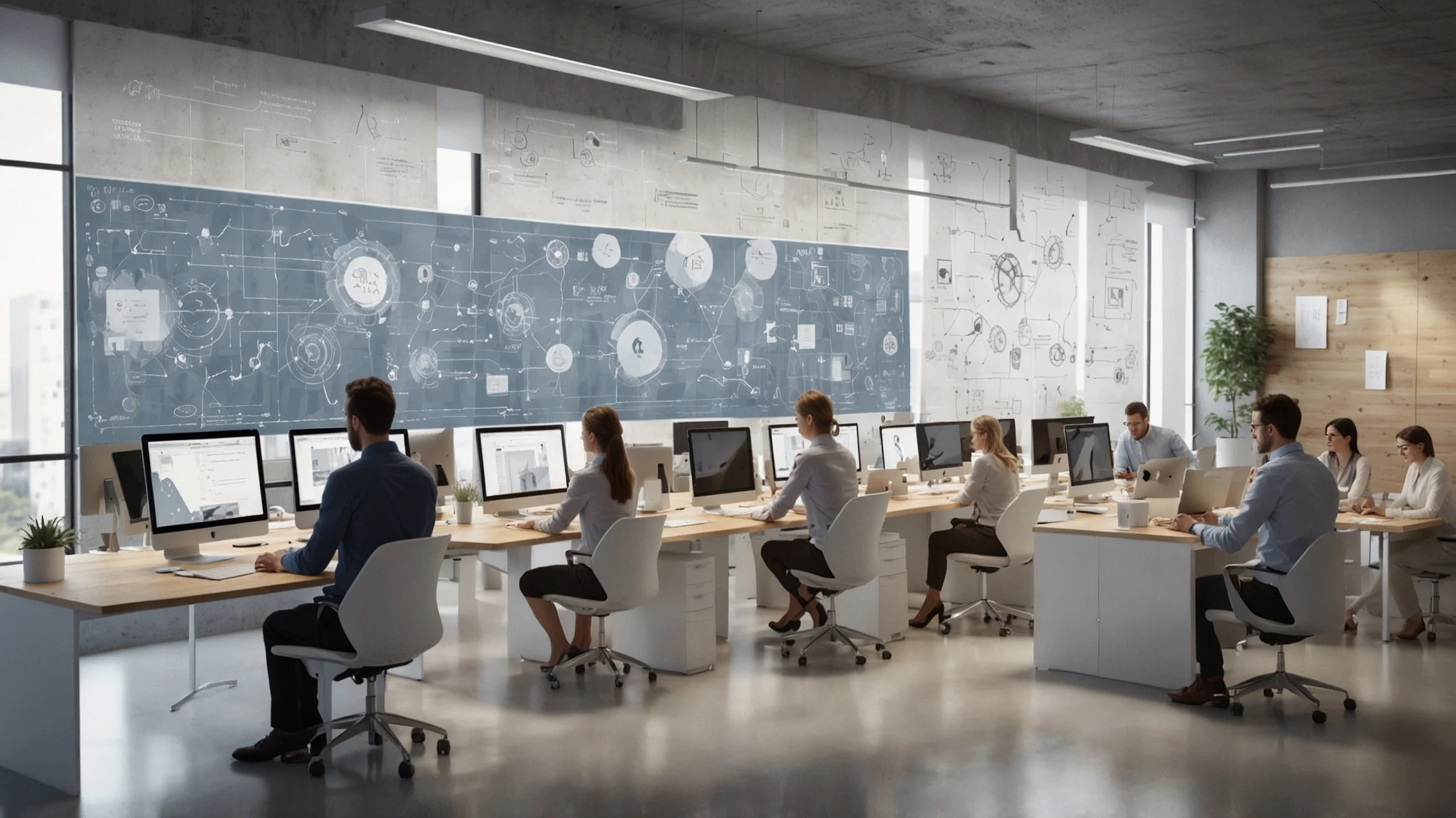 Un equipo de desarrolladores y arquitectos de software trabajando en una oficina moderna, frente a pantallas de computadora que muestran diagramas y código.