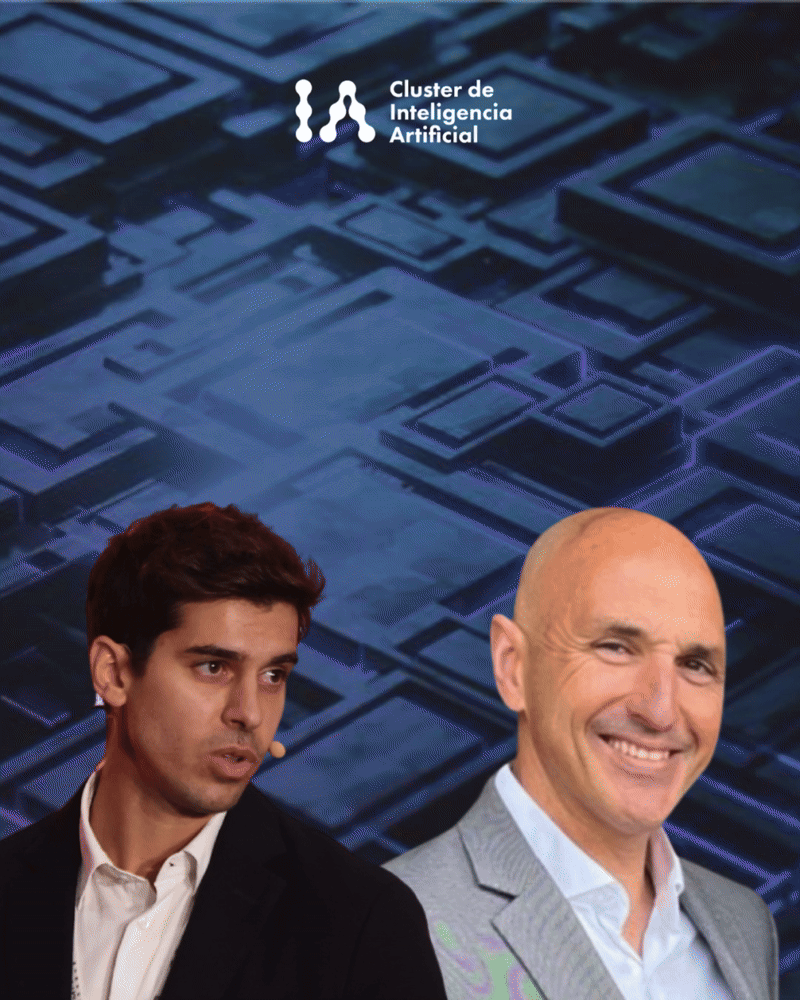 Portada del podcast Conversacional del Cluster de Inteligencia Artificial, episodio 7 sobre IA práctica para pymes, con la participación de Alejandro Máñez, CEO de Digital Robots, y Santos Vicente, CEO de BiDATiA.