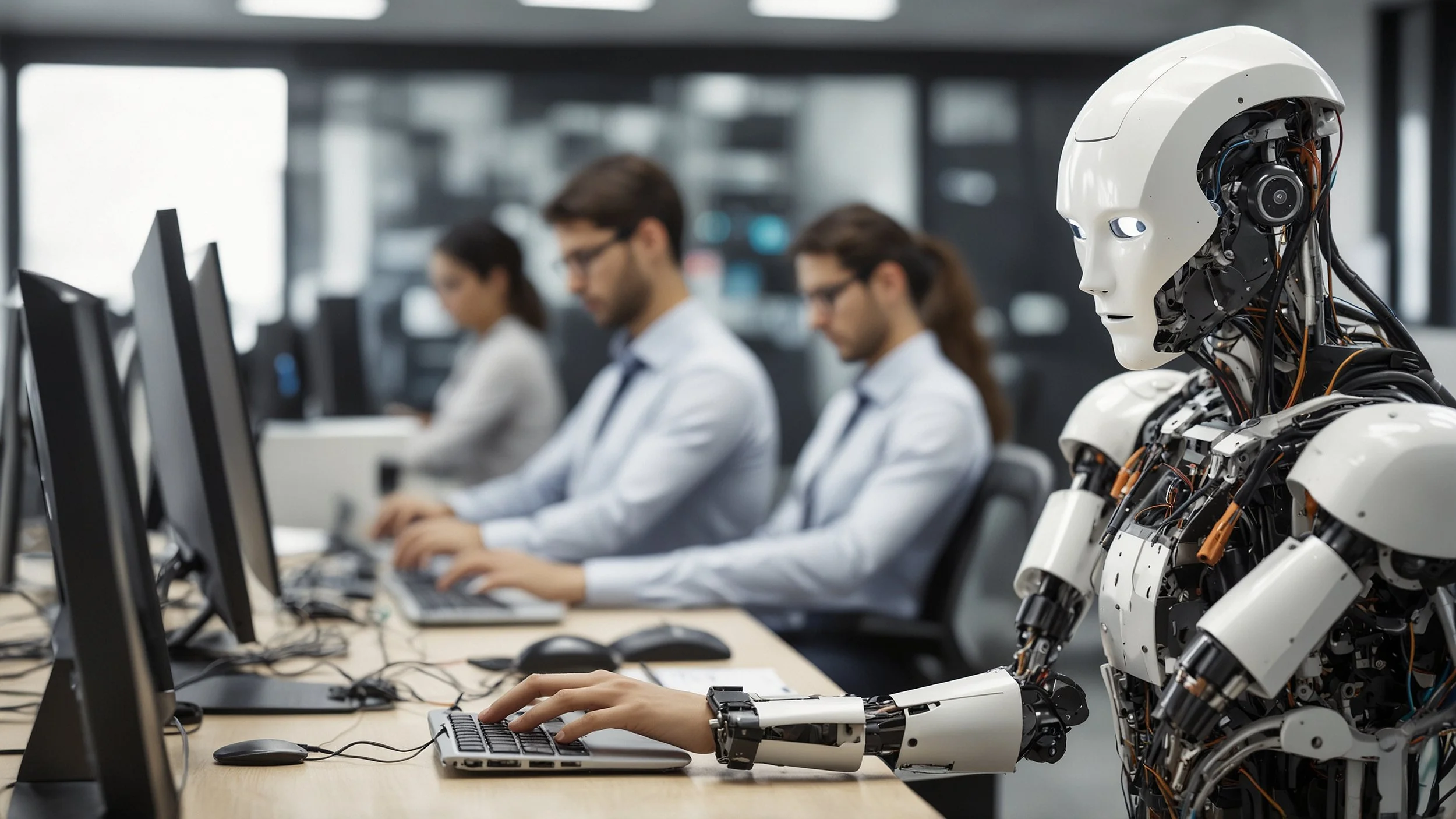 Una oficina moderna con empleados trabajando mientras robots y agentes digitales gestionan tareas en computadoras y dispositivos, mostrando gráficos de eficiencia y tecnología avanzada en pantallas alrededor.