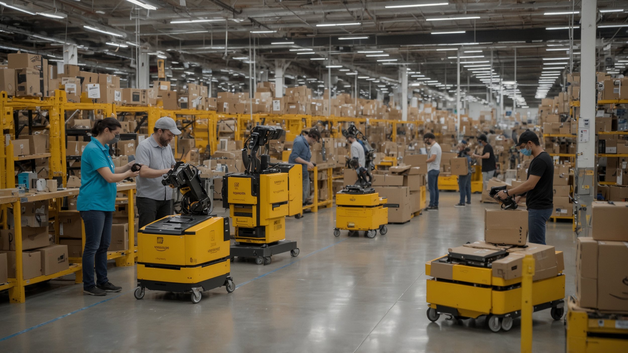 Una escena en un centro de distribución de Amazon donde se ven trabajadores humanos colaborando con robots y máquinas automáticas, mostrando interacción y cooperación en un ambiente moderno y eficiente.