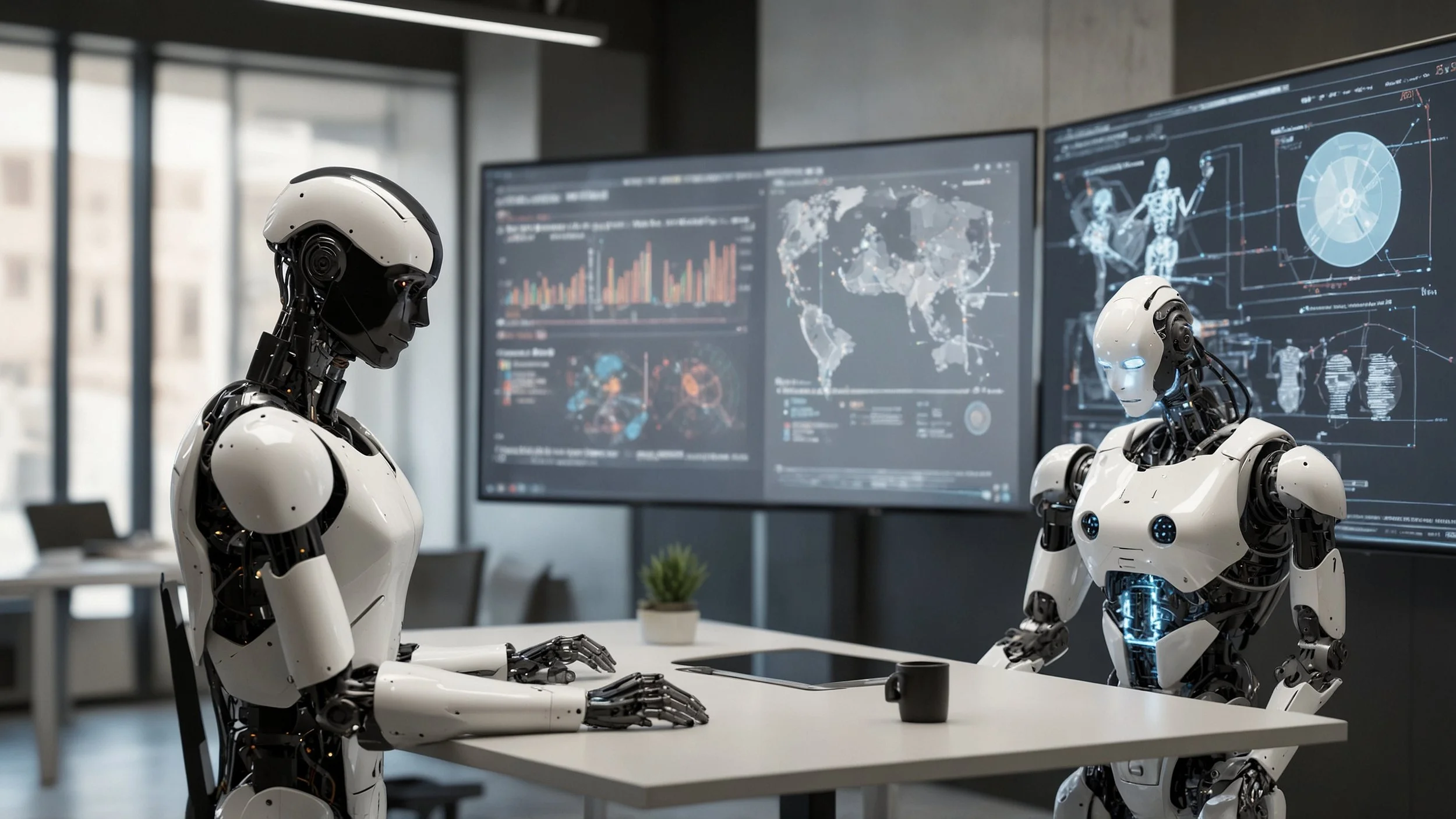 A robot collaborating with a human in a modern office as they generate personalized digital content on a large screen, displaying graphics and dynamic data related to audience segmentation and interaction.