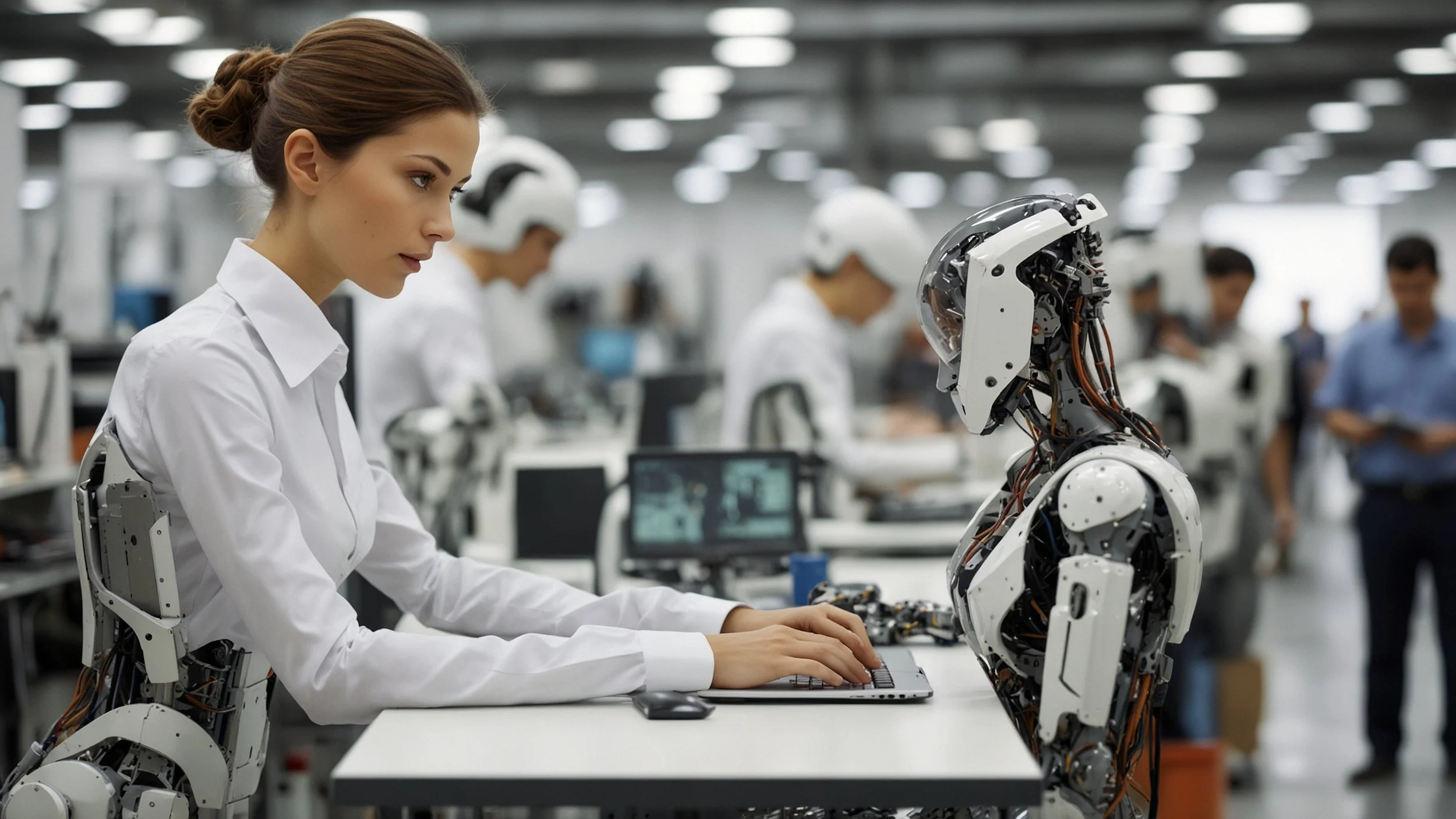 Una fábrica moderna con robots trabajando junto a empleados que usan computadoras portátiles sin código, mostrando gráficos de velocidad y competencia en pantallas digitales, todo en un ambiente futurista y dinámico.