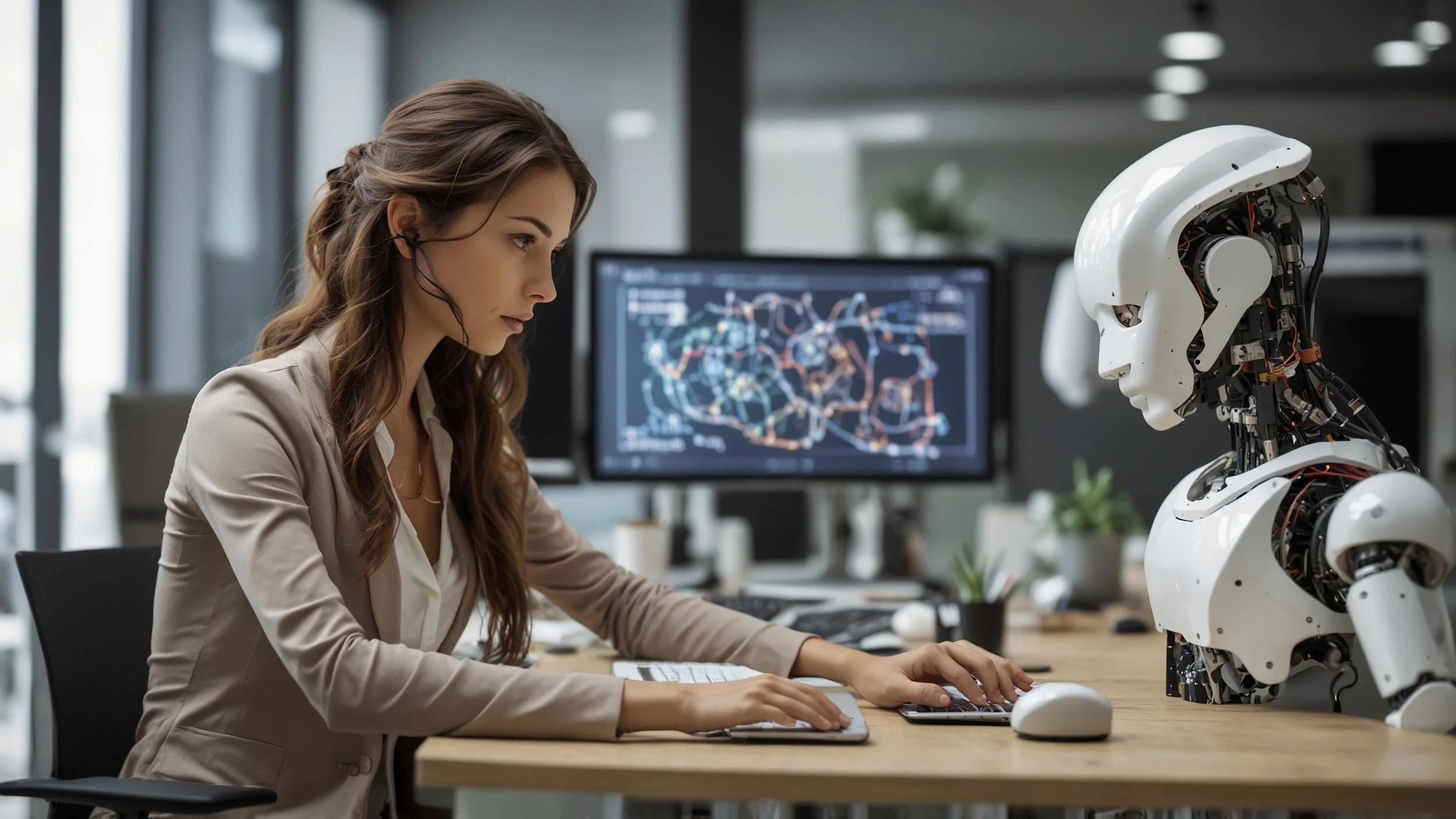 Una oficina moderna con varios empleados trabajando en computadoras mientras un robot digital conecta íconos de diferentes sistemas fragmentados en una pantalla, mostrando automatización de procesos y flujos de datos integrados para mejorar la eficie