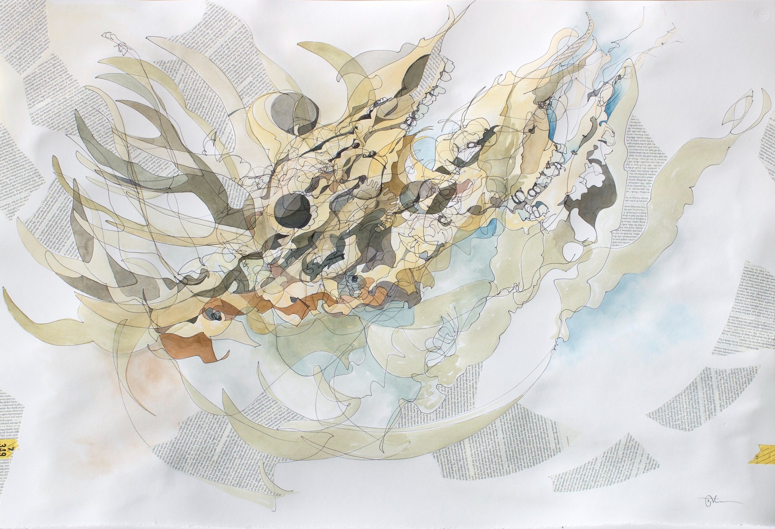 A colorful abstract artwork made with ink and watercolor, featuring swirling lines, shapes, and collage elements from newspaper and magazine clippings.