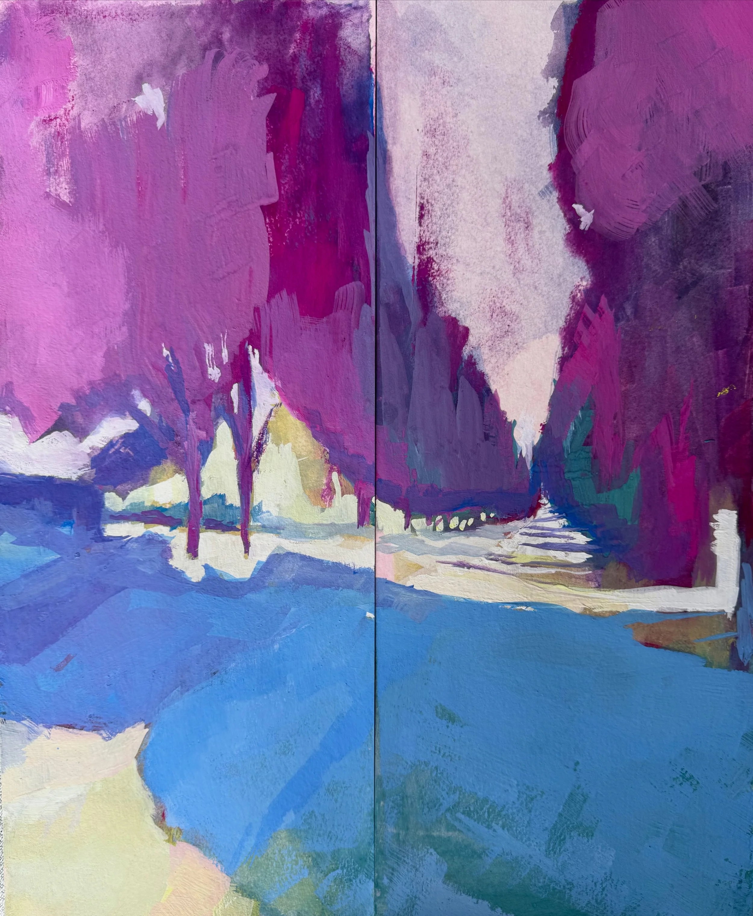    Rose Allee,   gouache on paper, 16” x20”, 2025 