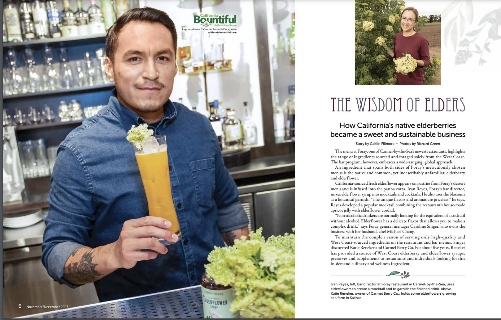 CA Bountiful Nov/Dec 2023 Feature on Carmel Berry Co — The Wisdom of Elders and how founder Katie Reneker is leading the way for CA's native elderberries to become a sustainable crop and business.