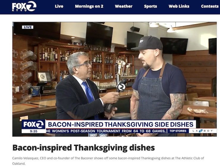 Bacon-inspired Thanksgiving dishes
Camilo Velasquez, CEO and co-founder of The Baconer shows off some bacon-inspired Thanksgiving dishes at The Athletic Club of Oakland.
