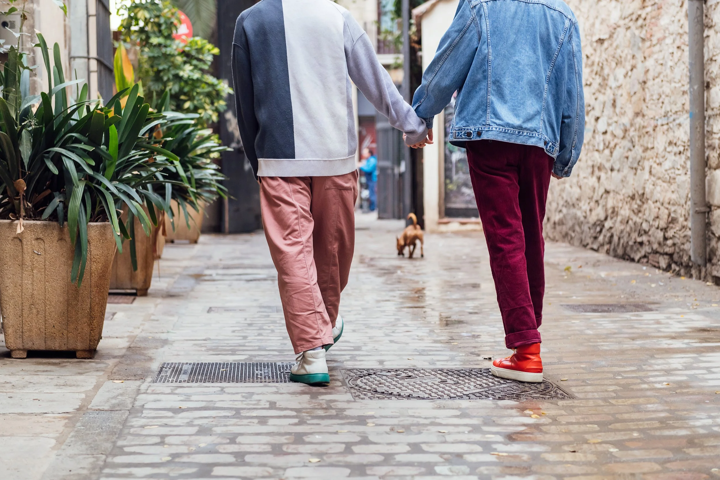 Two people walking hand in hand down a cobblestone street with potted plants nearby and a small dog in the background.