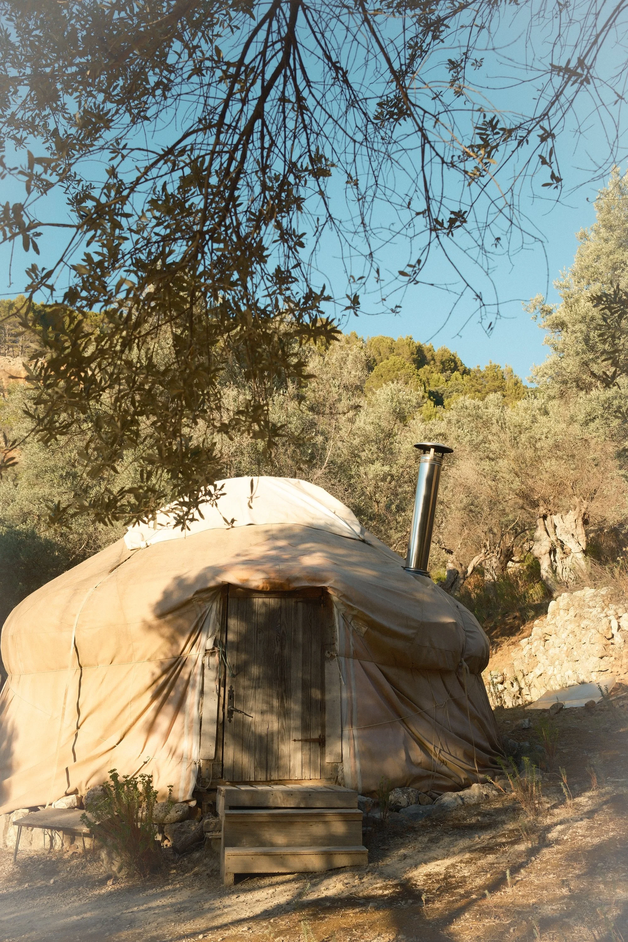 A beige yurt with a wooden door and steps outside, set in a mountainous area with trees, under a clear blue sky.