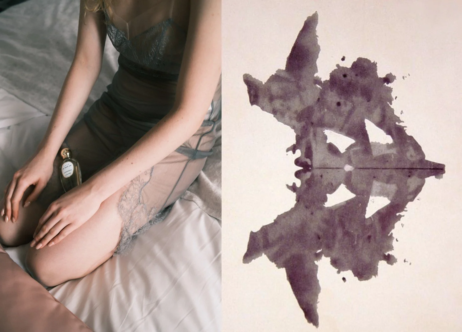 A woman in a black lace dress sitting on a bed holding a perfume bottle beside a printed ink blot watercolor of the shape of Japan.