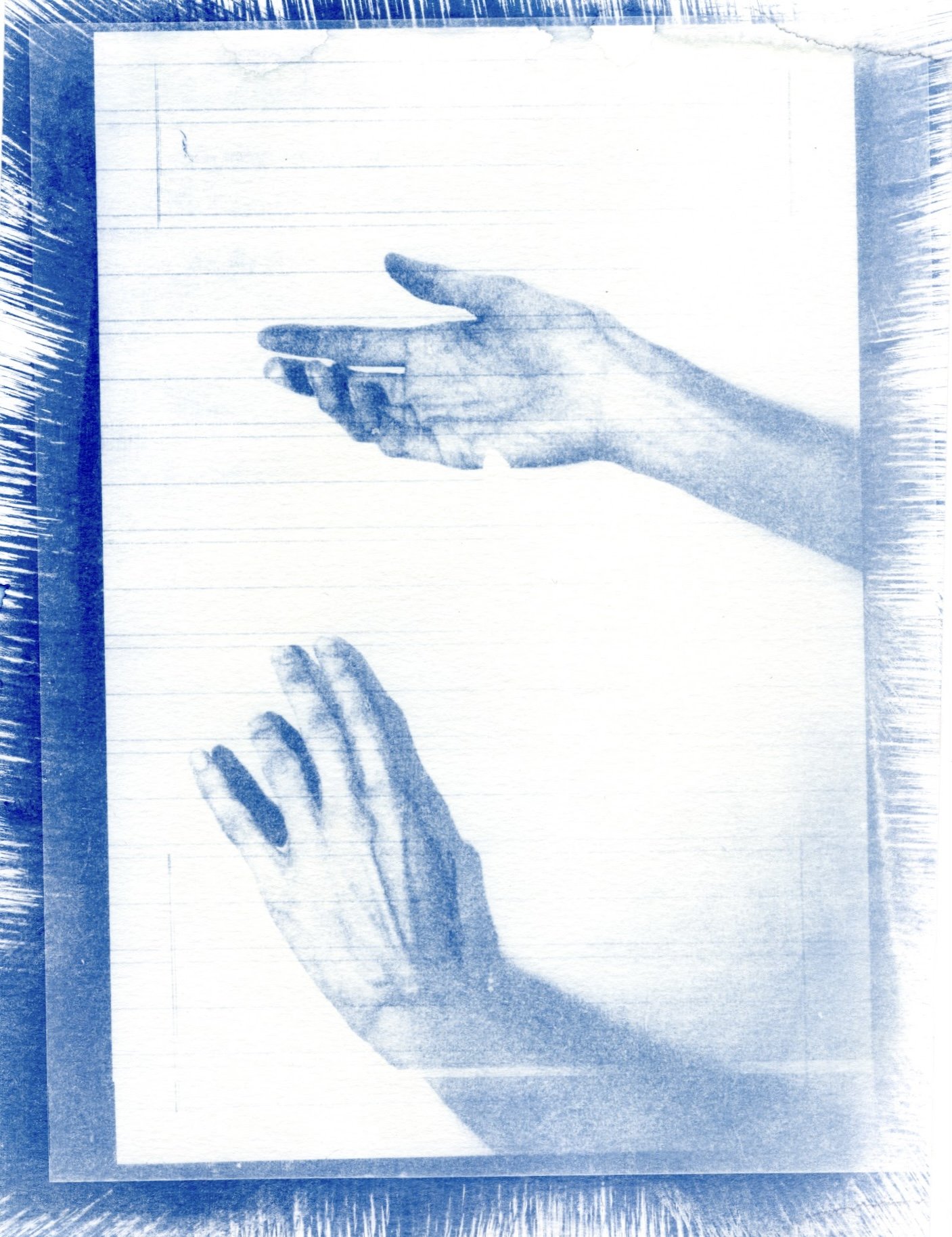 A sketch of a hand with fingers extended, viewed from the palm side, with a piece of lined paper in the background.