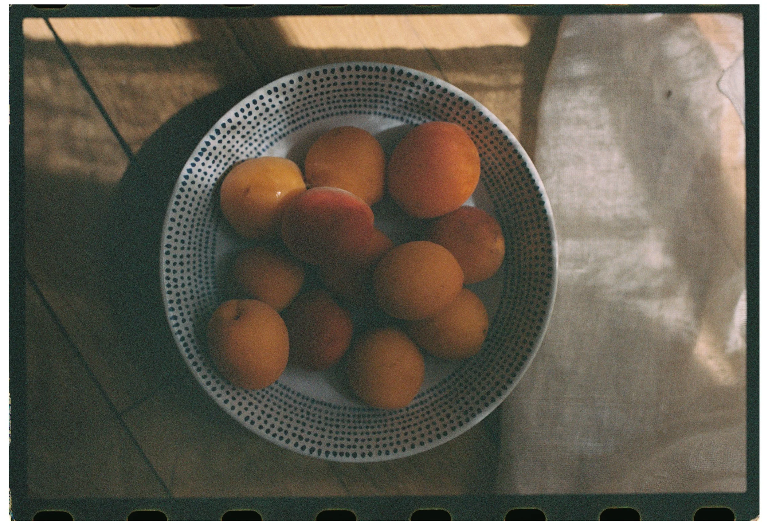 A white bowl with black dot pattern containing several apricots on a glass table with sunlight reflections.