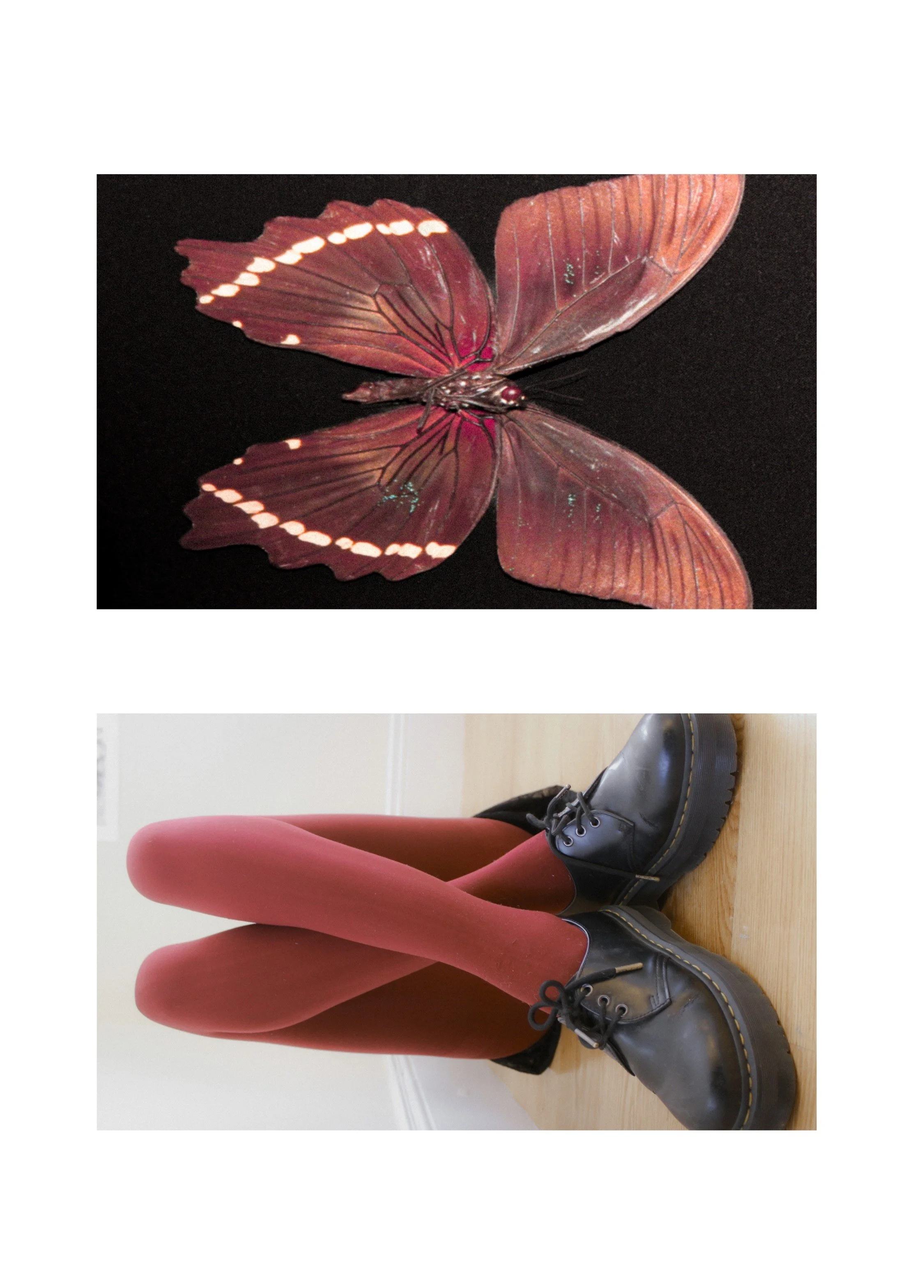 Black leather boots with thick soles next to pink rubber boots and a red jacket, on a wooden floor.