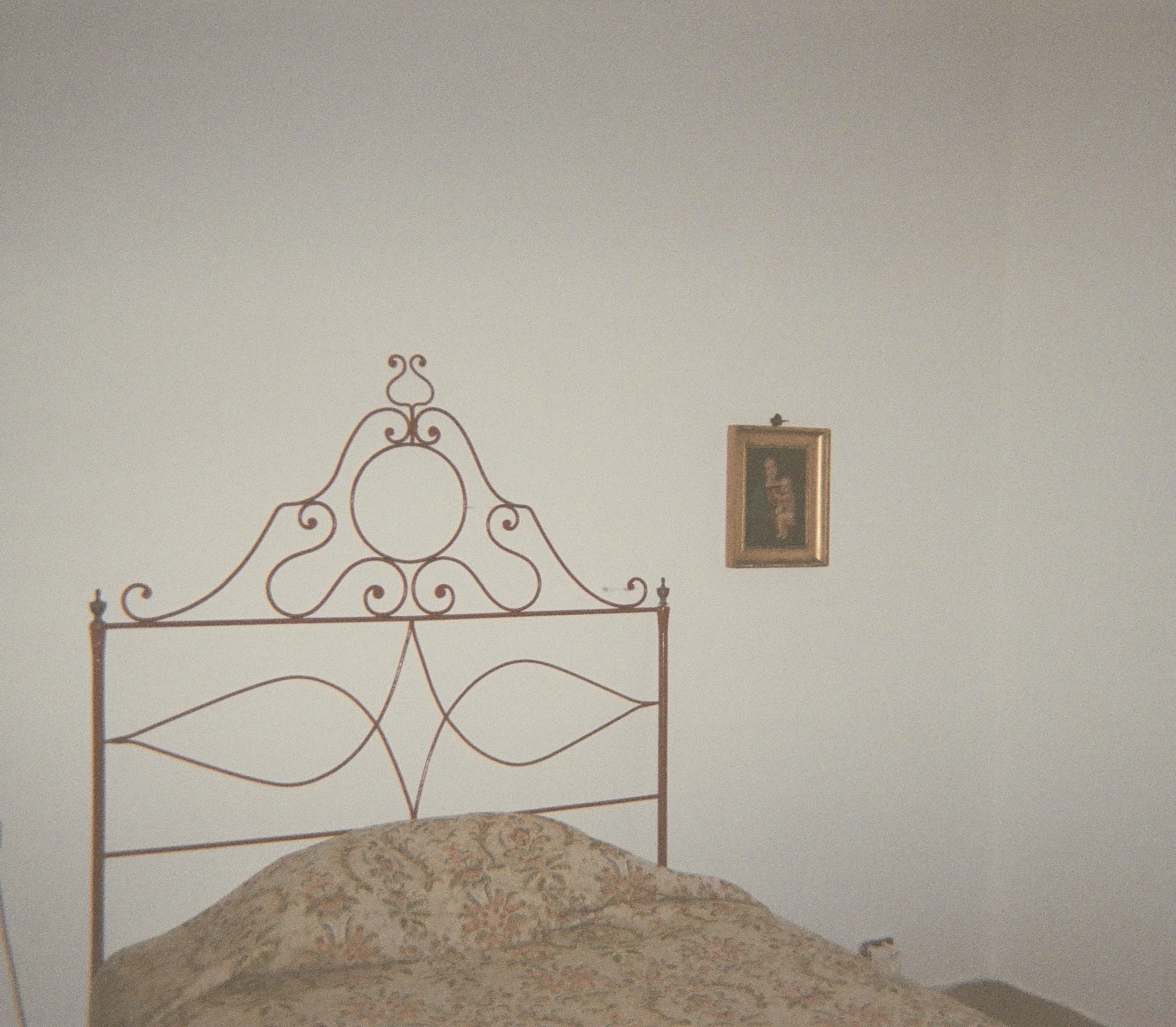Decorative metal headboard with a mountain range behind it, and a framed picture on the wall.