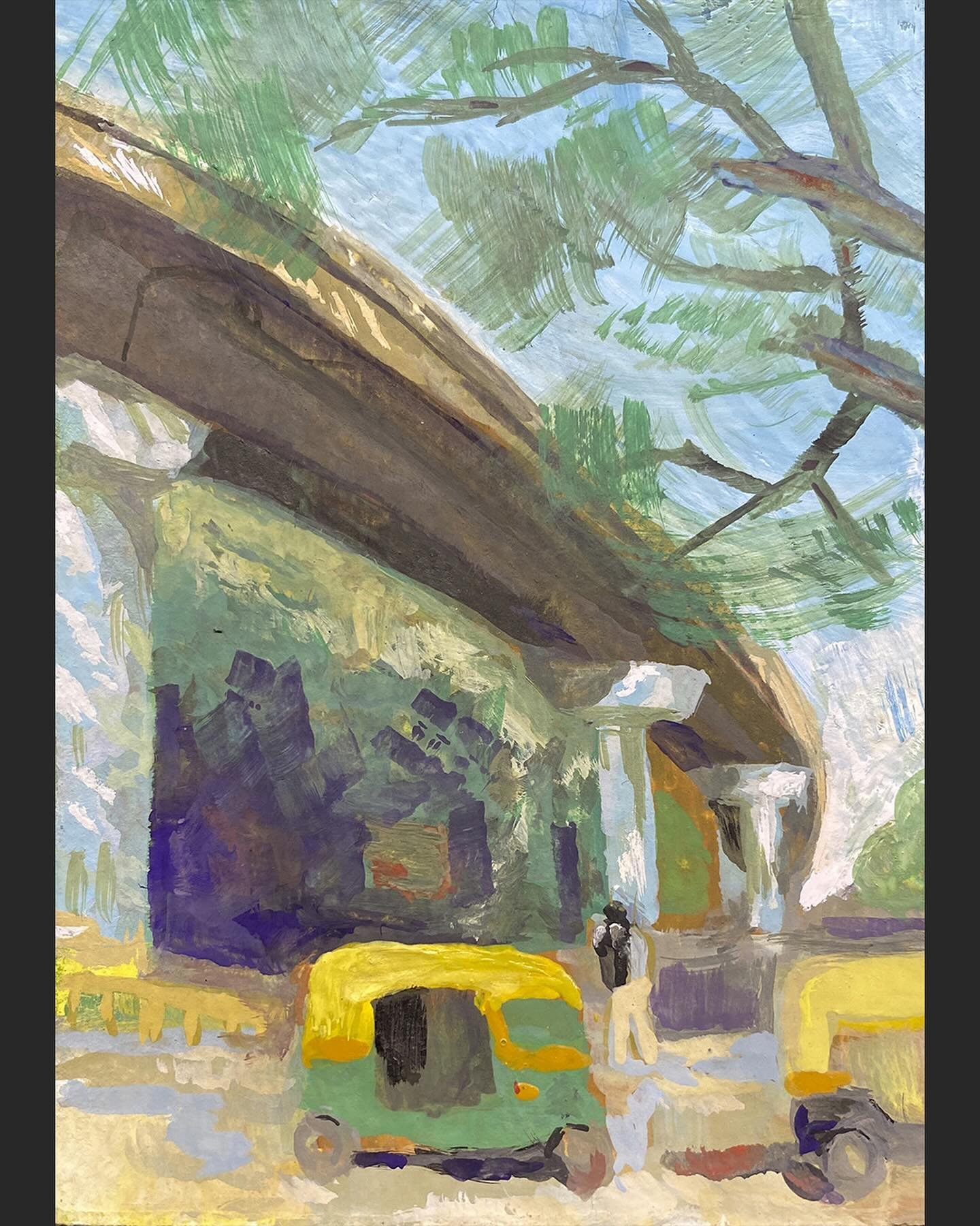 Took this reference photo while enjoying fresh roadside coconut in Bangalore 🥥🌴 Tiny painting for #PleinAirpril 21 #gouache #cityscape