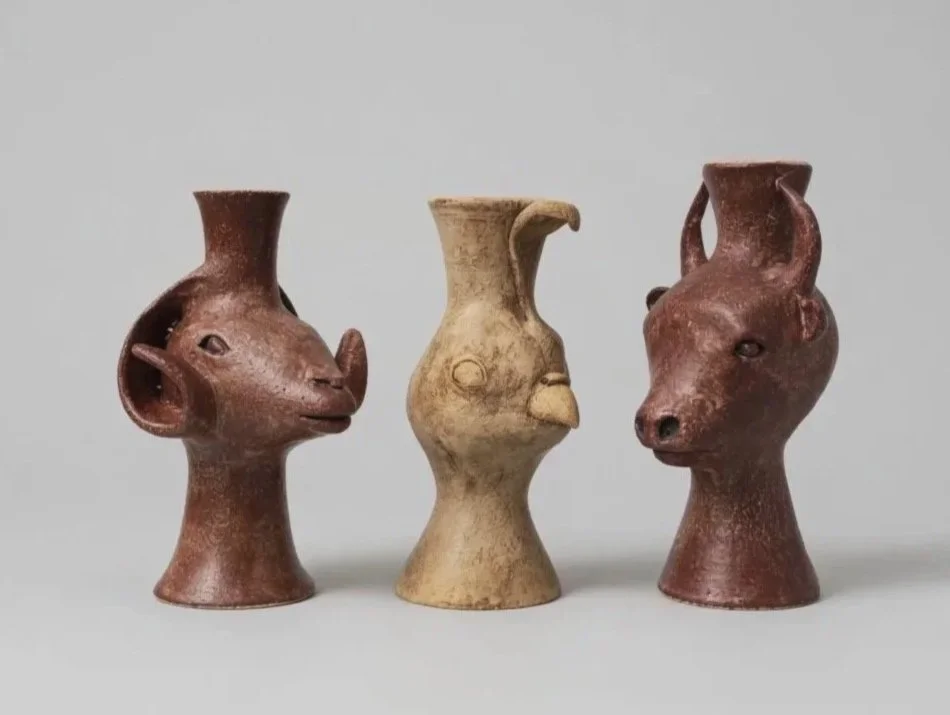Ram, gambrel quail, and bison vessels. Peruvian inspired.