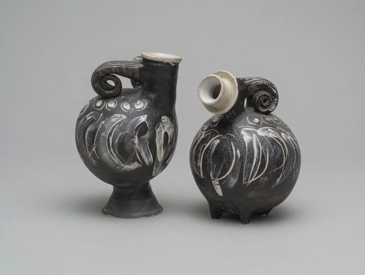 Abstracted bird forms. 
Oaxaca-style blackware with white slip.