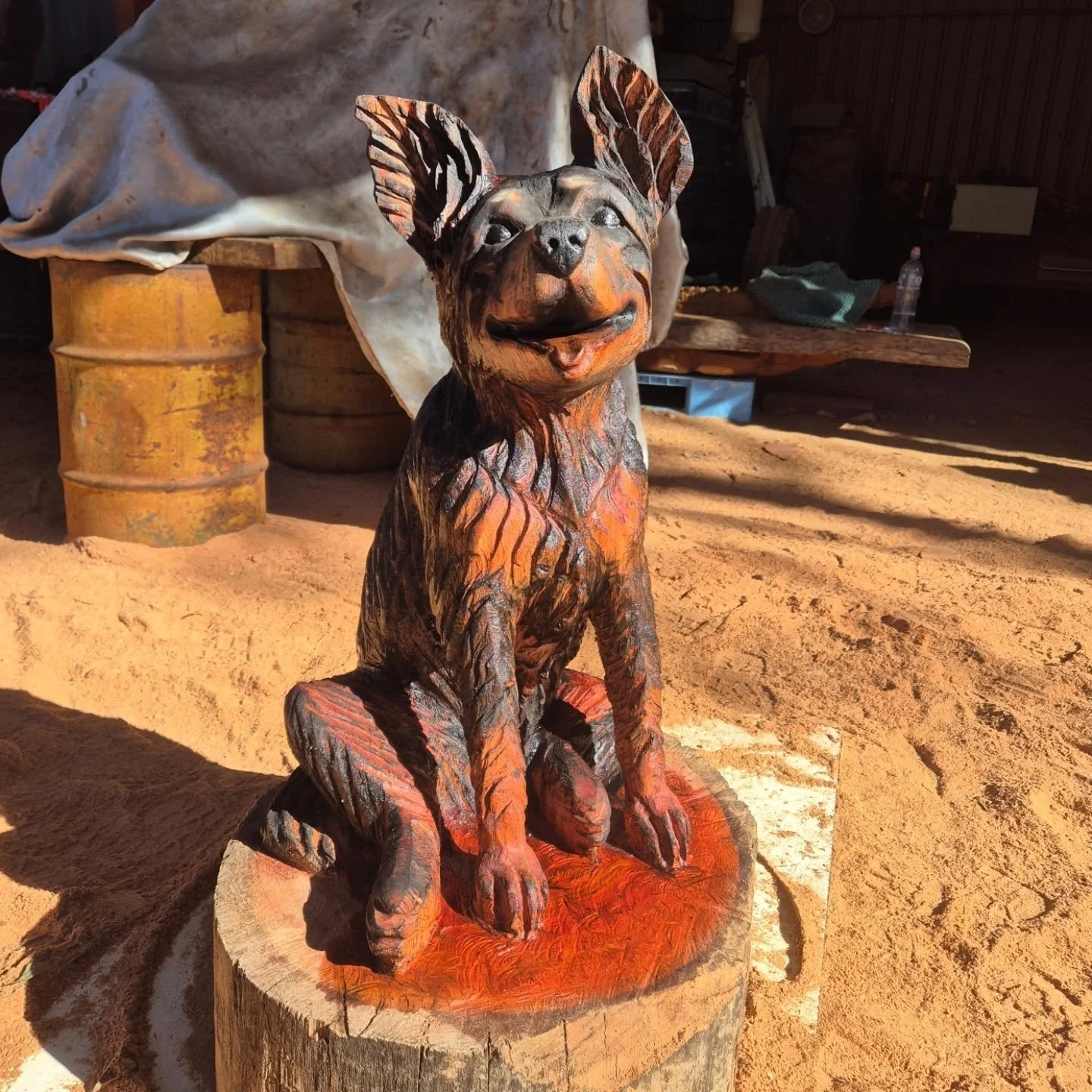 Look what I found hiding in the wood. 🐕 
.
.
#chainsawart #carving #carveddog #kelpie #stihl #kenilworthshowandrodeo #lazylogz