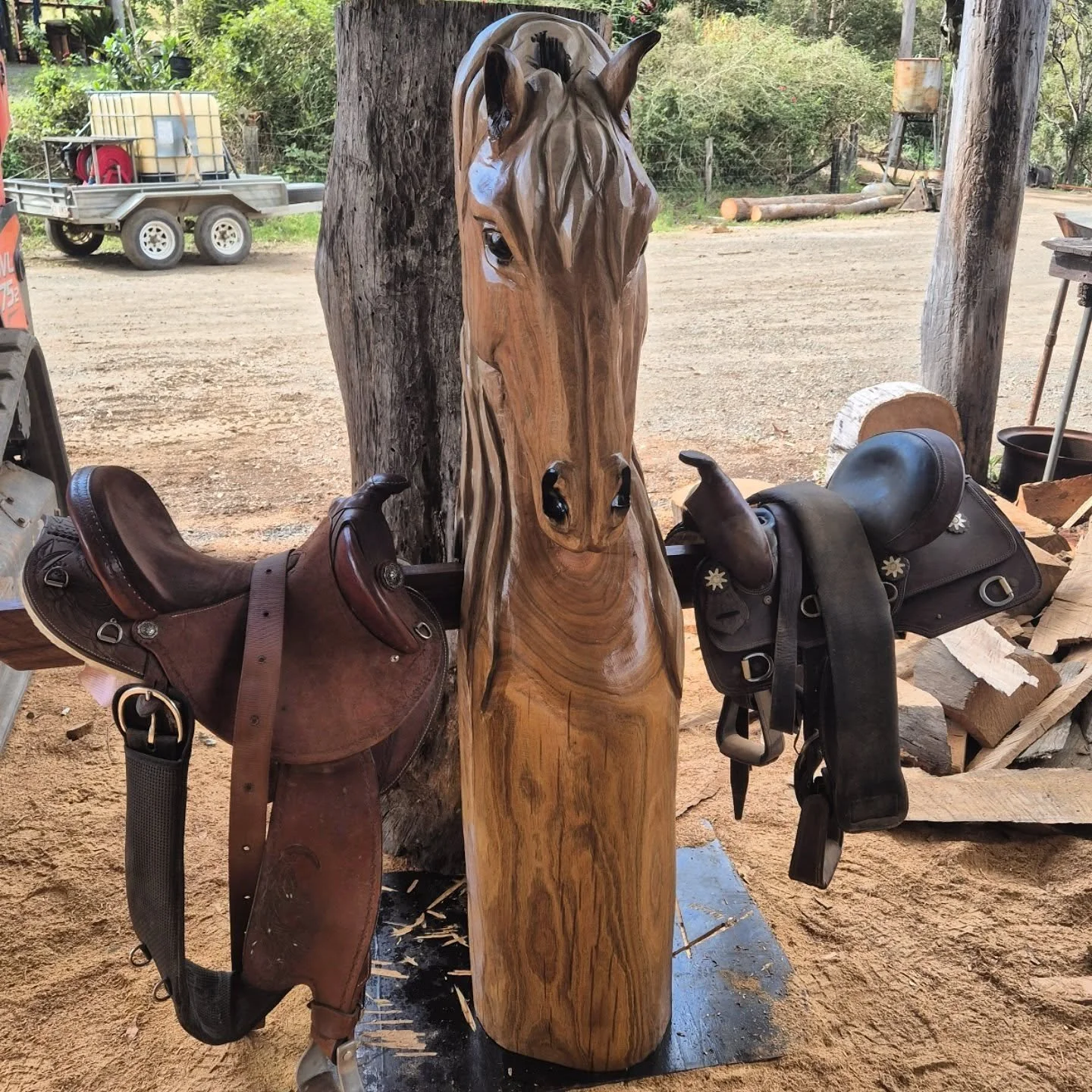 Pretty as a palamino. Tallowwood has a beautiful golden colour once oiled. It was an easy decision to turn this horse into a pally. 
.
#carvedhorse #horsesculpture #chainsawart #rodeo #australianhardwood #cutekaustralia #lazylogz