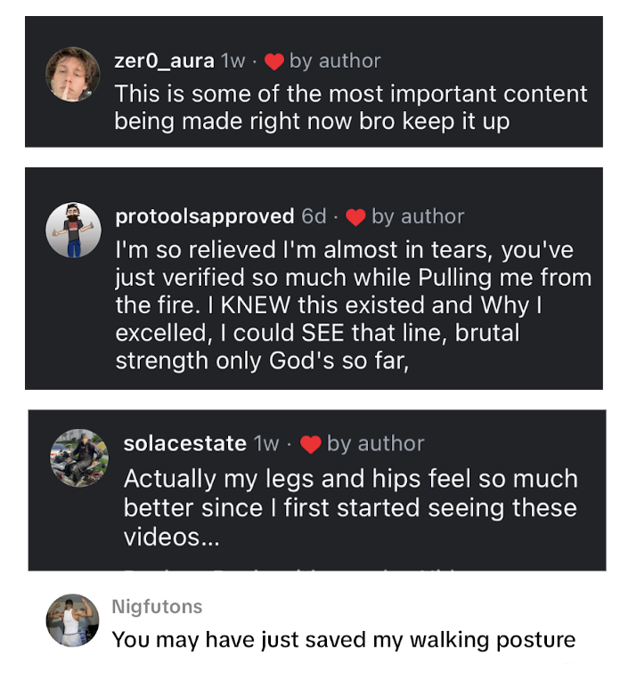 A screenshot of a social media comment section showing four comments about the impact of watching videos on legs, hips, and postural health.