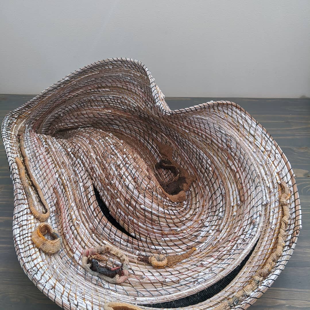 Quick pics of new piece, ,&quot;Shipwreck,&quot; 20 x 14 x 7. Coiled natural and paint dipped southern long-leaf pine needles, with additional knotted forms, using waxed linen and poly cord.