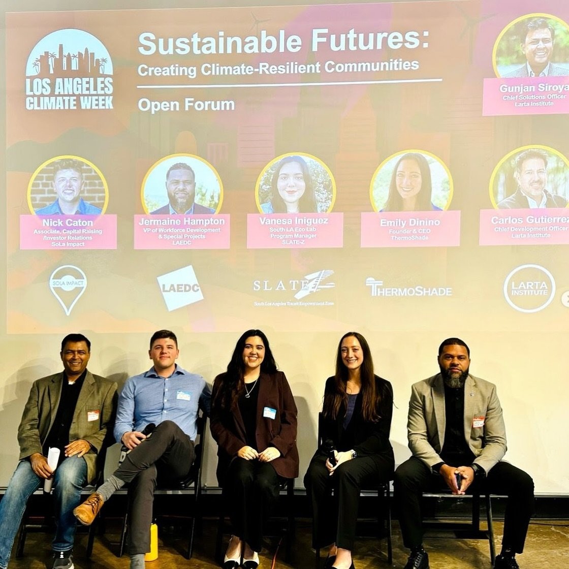 September was a busy month at ThermoShade!
- Presented at @lartainstitute&rsquo;s LA Climate Week event
- Invited by @usgbcca to join a panel at AIA San Diego conference
- Visited the dairy at Fresno State University
- Attended NEX Level conference b