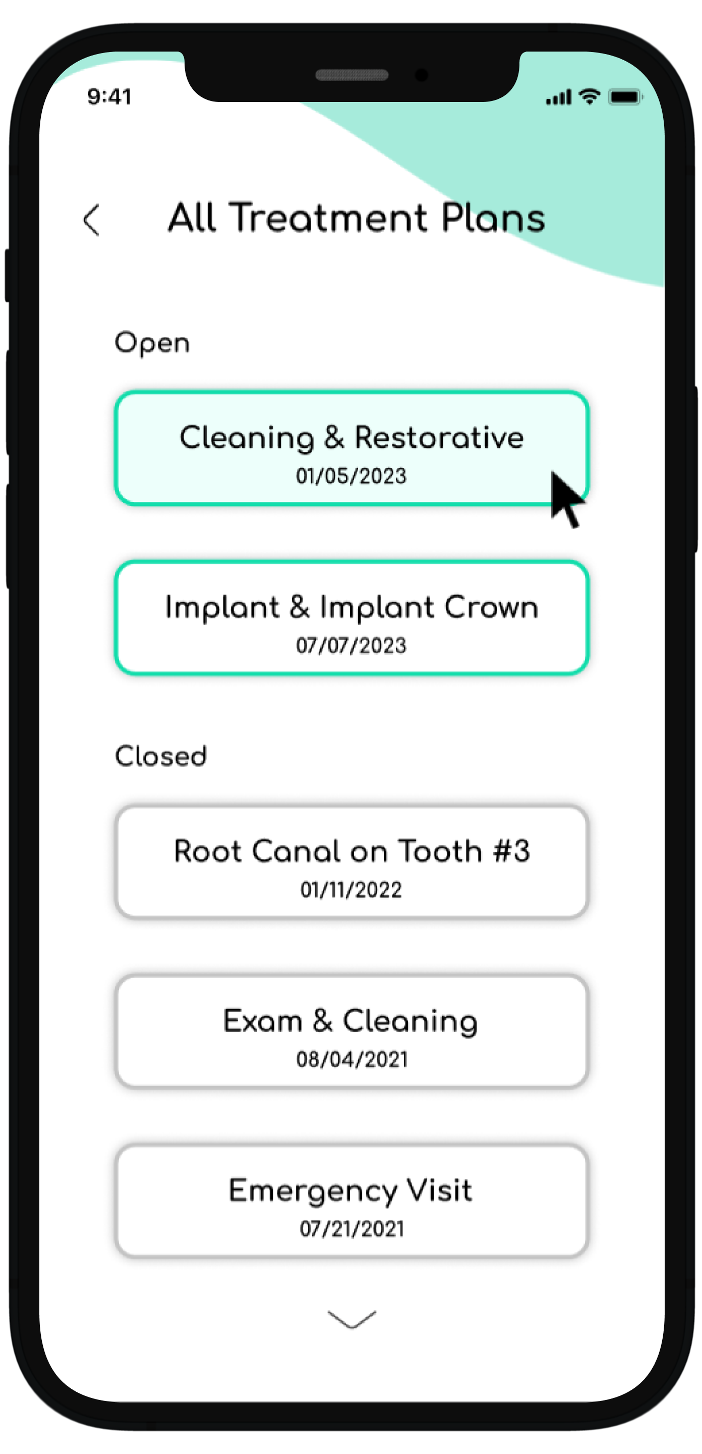 The user accesses the all treatment history page from the dashboard by clicking treatment completed or scrolling to all treatments.