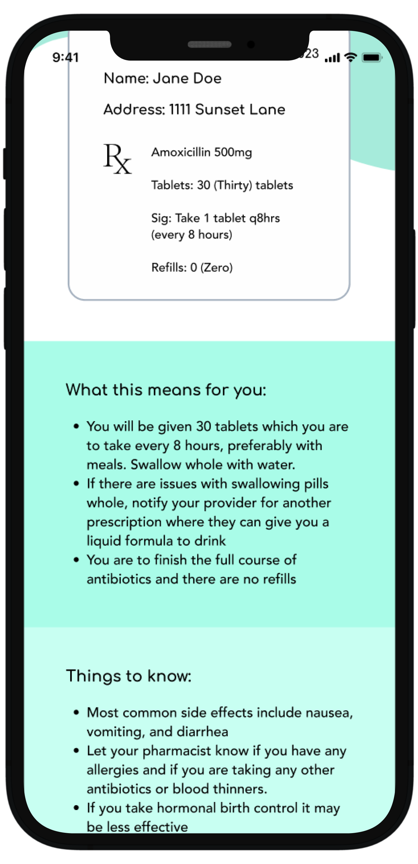 Scrolling down the user gets information about how the prescription was sent to the pharmacy,  what this means, and important things to know about this particular medication