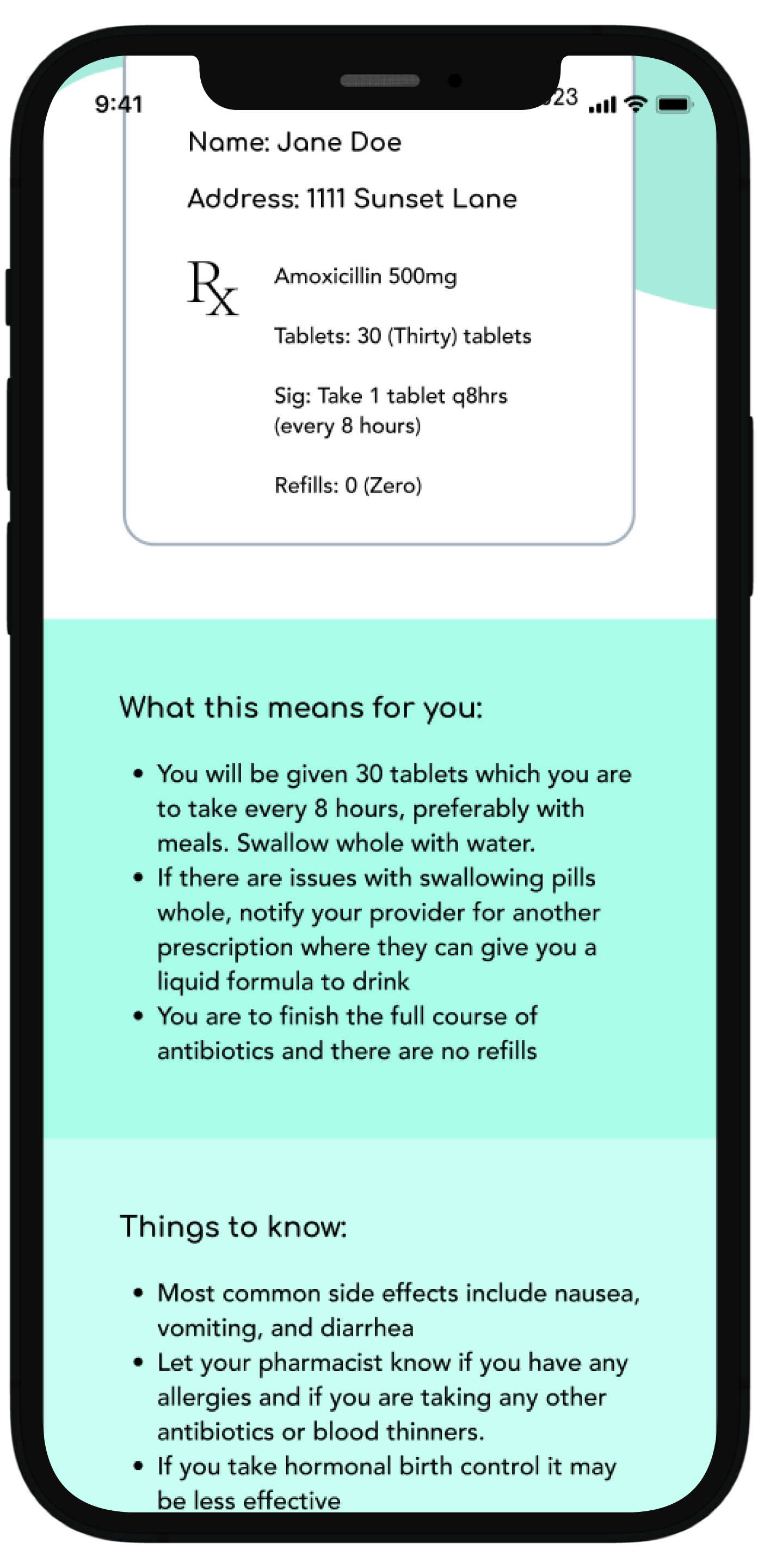 Scrolling down the user gets information about how the prescription was sent to the pharmacy, what this means, and important things to know about this particular medication.