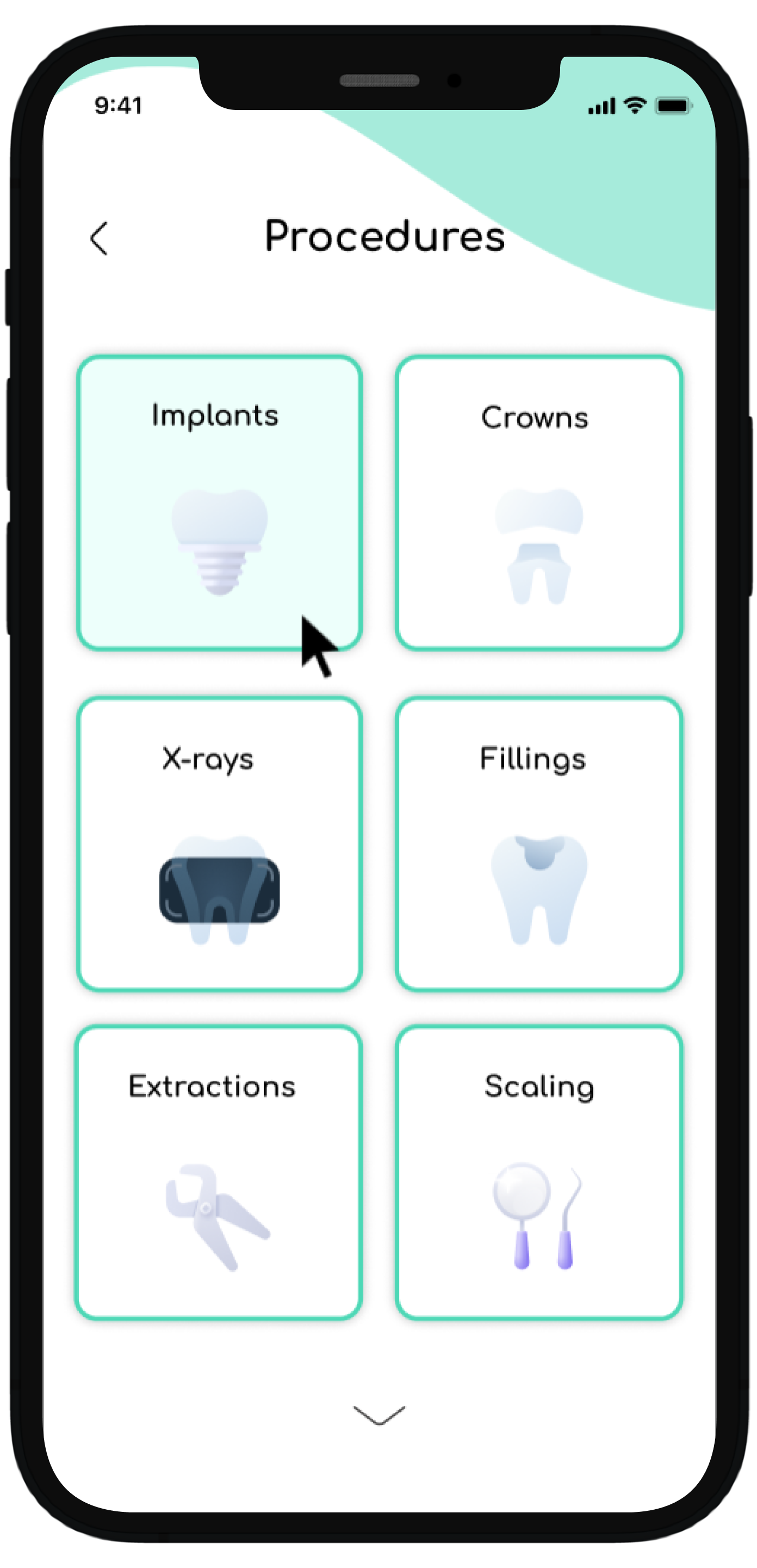 The user would like to learn more about implants, so the user is shown selecting the implant option