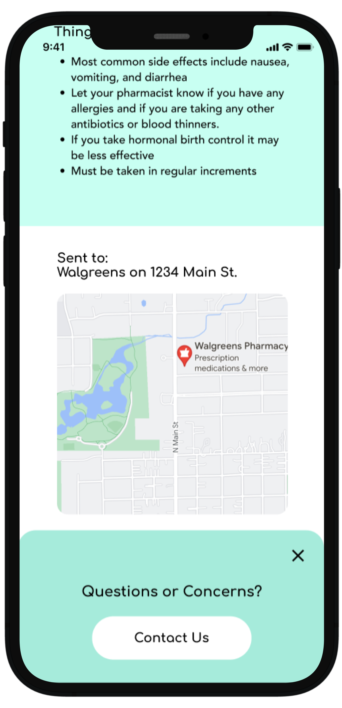 Continued scrolling reveals the location where the prescription was sent and an interactive map and it is at this point where a pop-up notifies the user if they have any questions they can contact the office.
