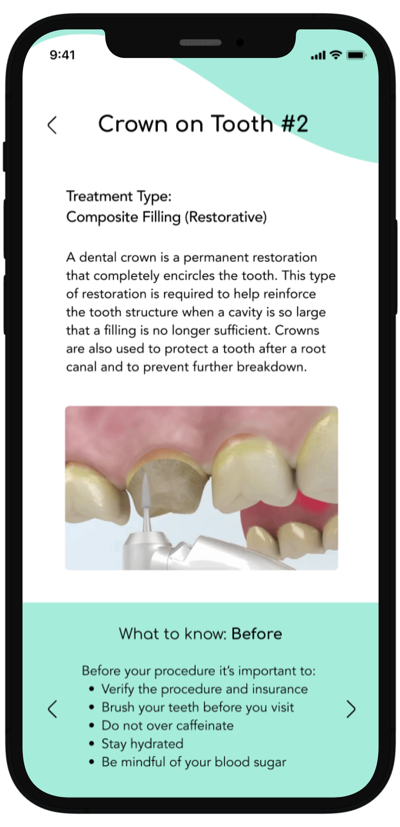 The user can choose a specific treatment in the current treatment plan to learn more information about what procedure entails, what to know before, during and after, and common concerns.