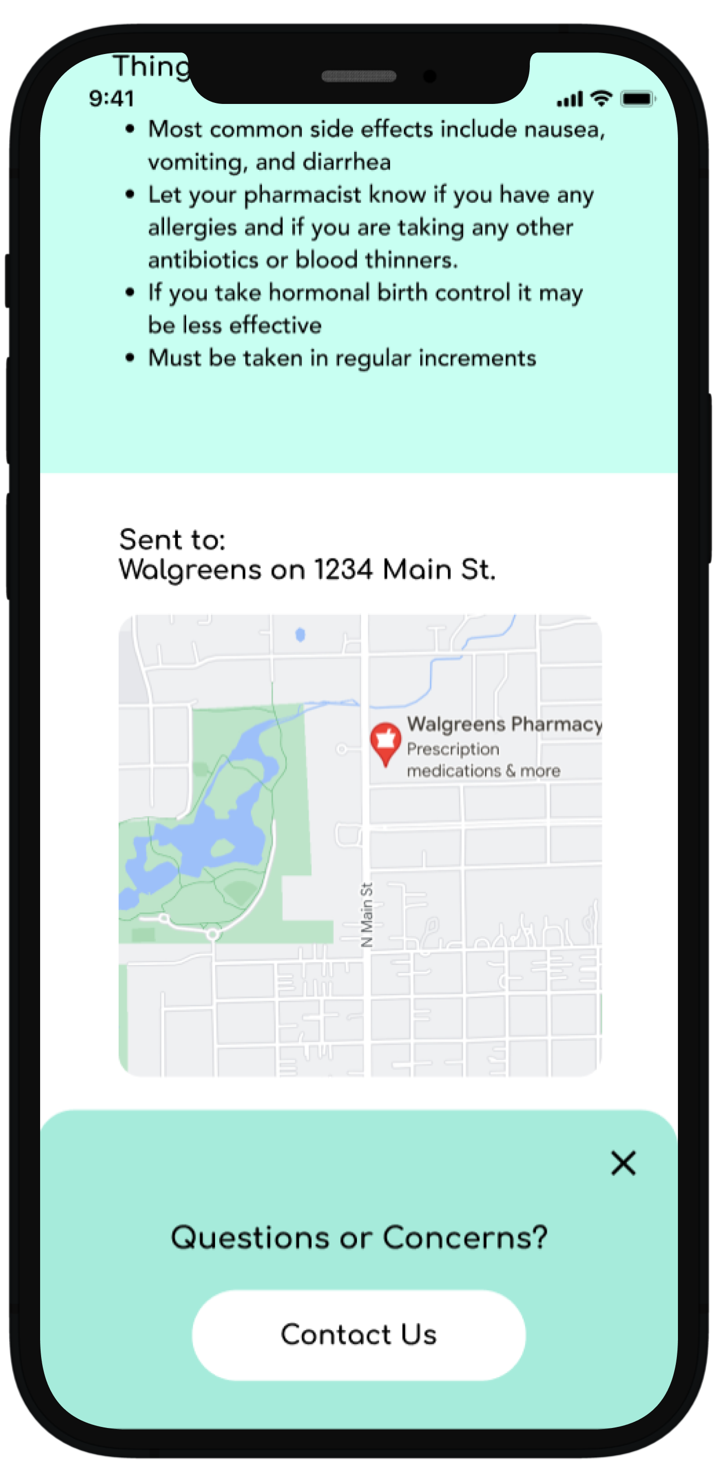Continued scrolling reveals the location where the prescription was sent and an interactive map and it is at this point where a pop-up notifies the user if they have any questions they can contact the office 
