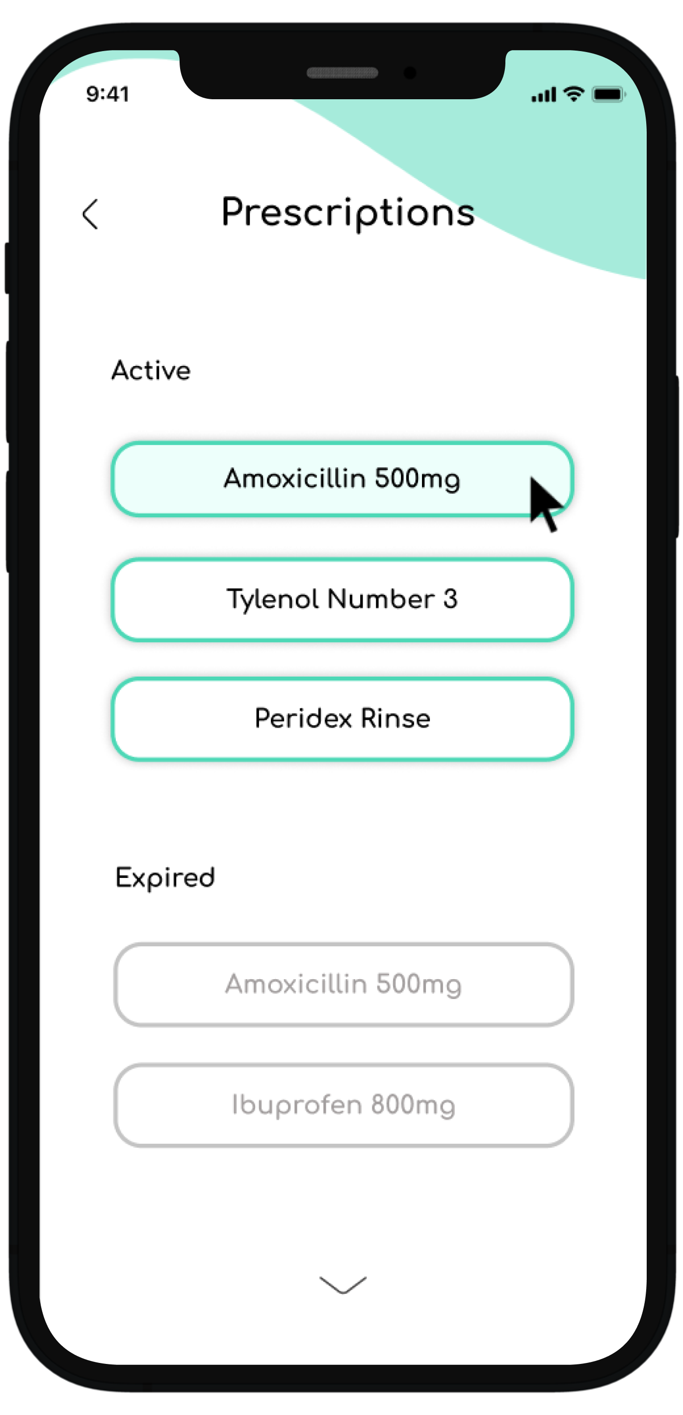 The user is taken to this page which shows all their prescription history and if the user wishes to find more information regarding an active prescription they can do so.