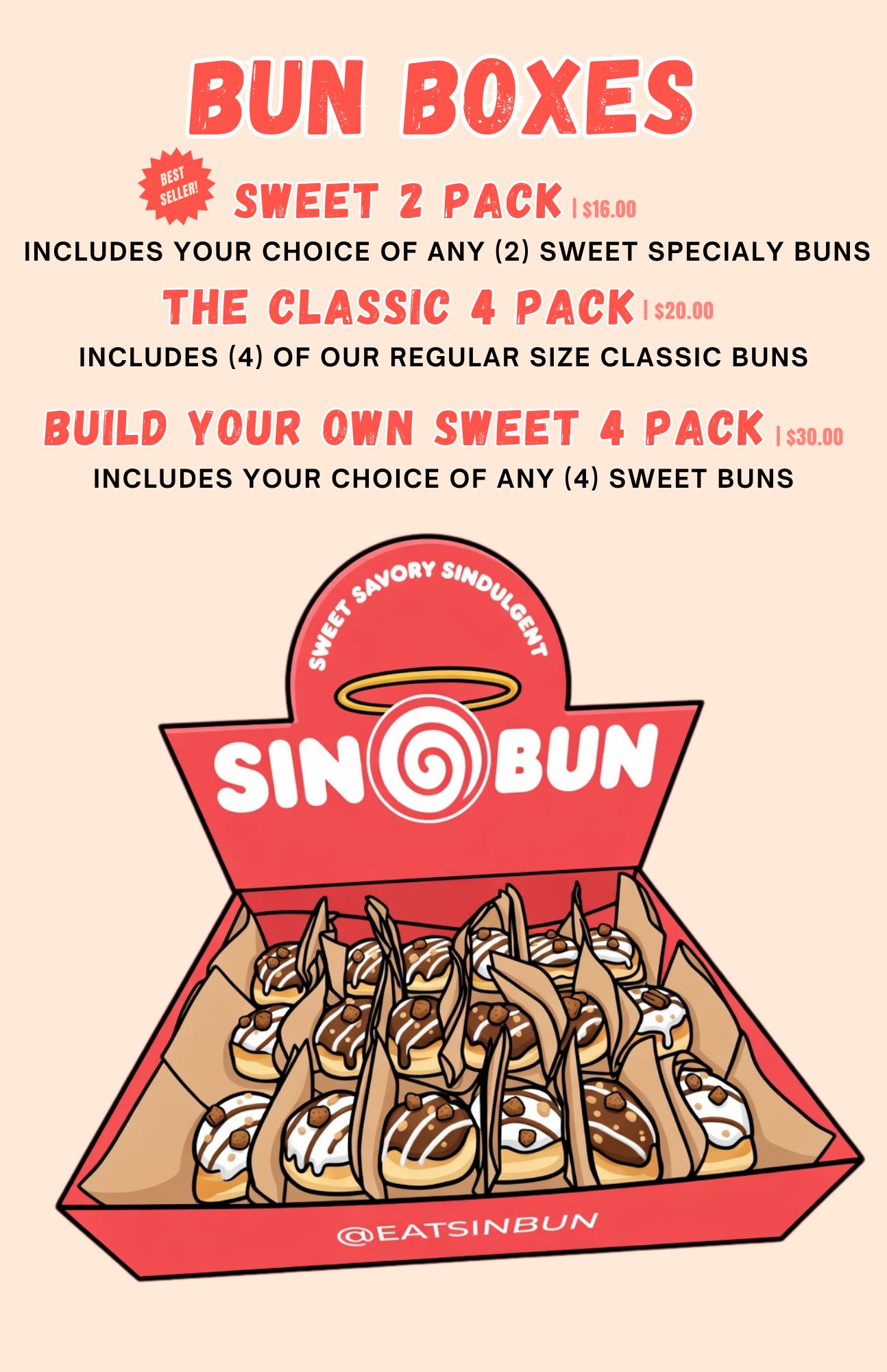 Bun Boxes available daily, for larger orders check our our catering page!